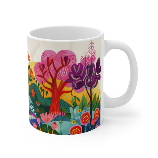 Blooming Symphony: Abstract Field of Trees and Flowers in Springtime - 11 oz Coffee