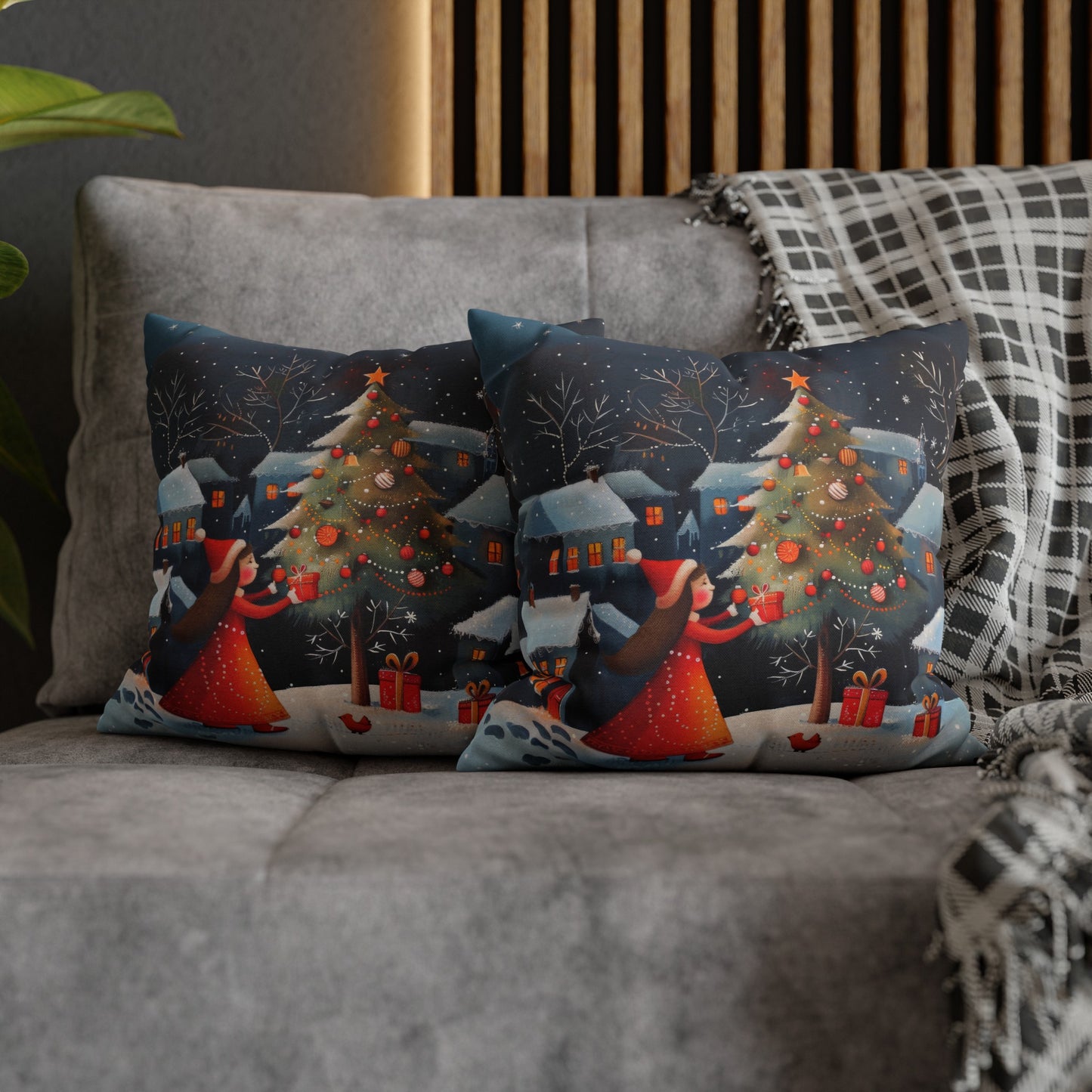 Joyful Surprise: Little Girl Admiring Christmas Tree with Presents Spun Polyester Square Pillowcase 4 Sizes