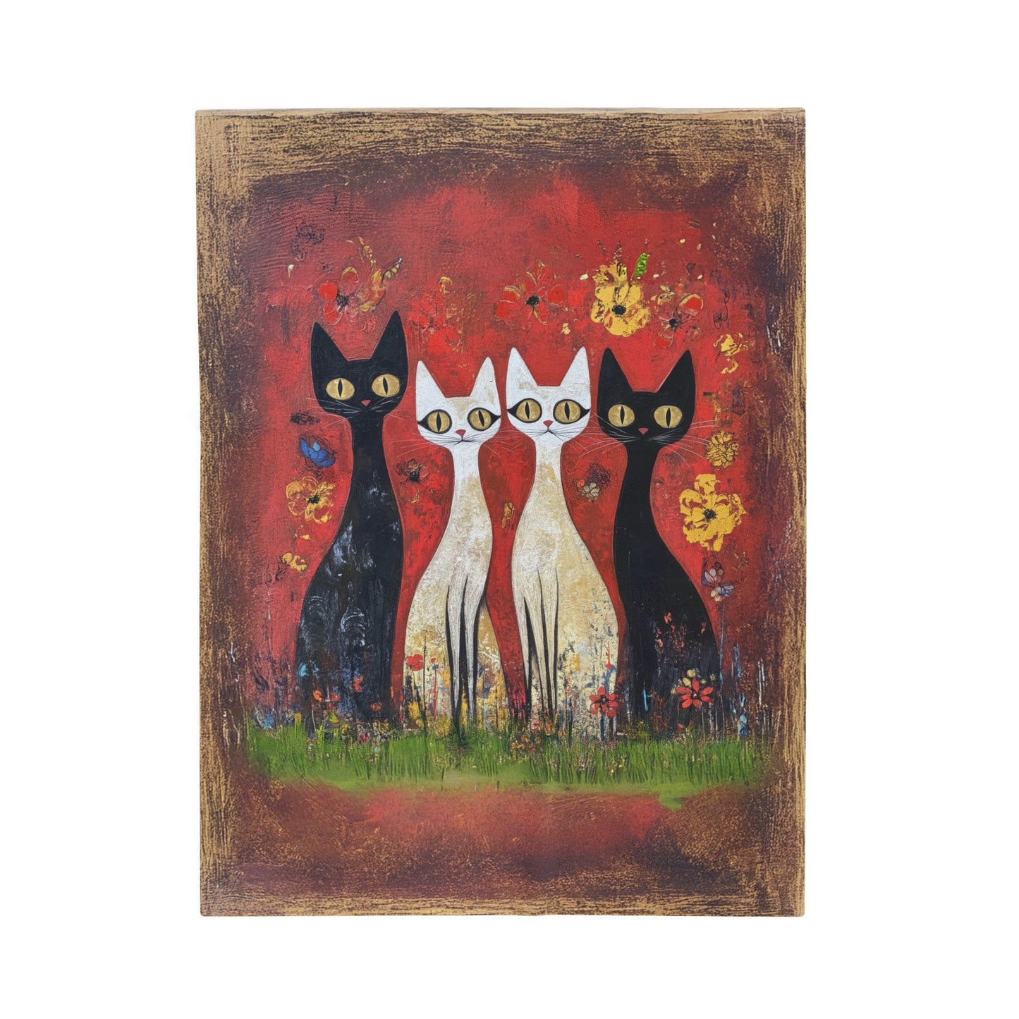 Whimsical Feline Quartet of Vibrant Hand-Painted Cats Velveteen Plush Blanket 3 Sizes