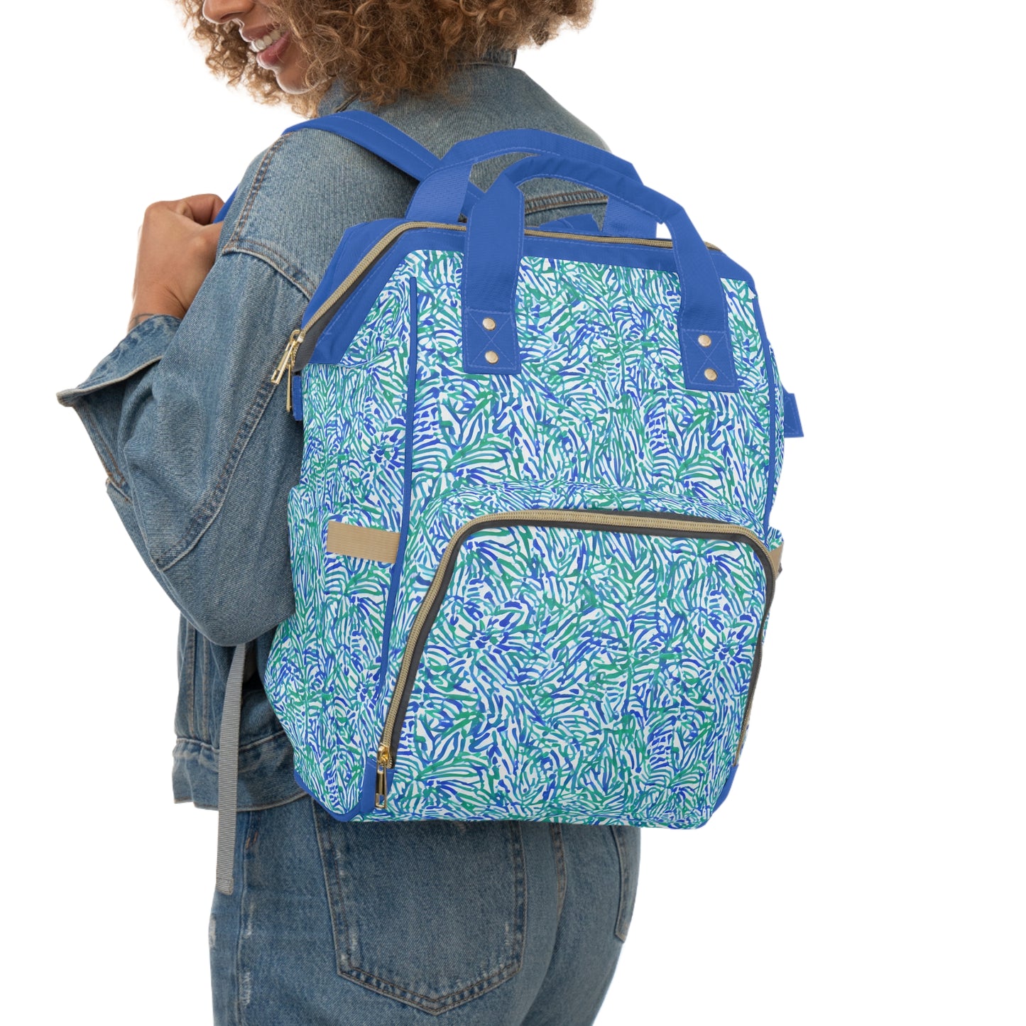 Tropical Fusion: Abstract Palm Leaves in Lime Green and Blue Hues  Multifunctional Diaper Backpack