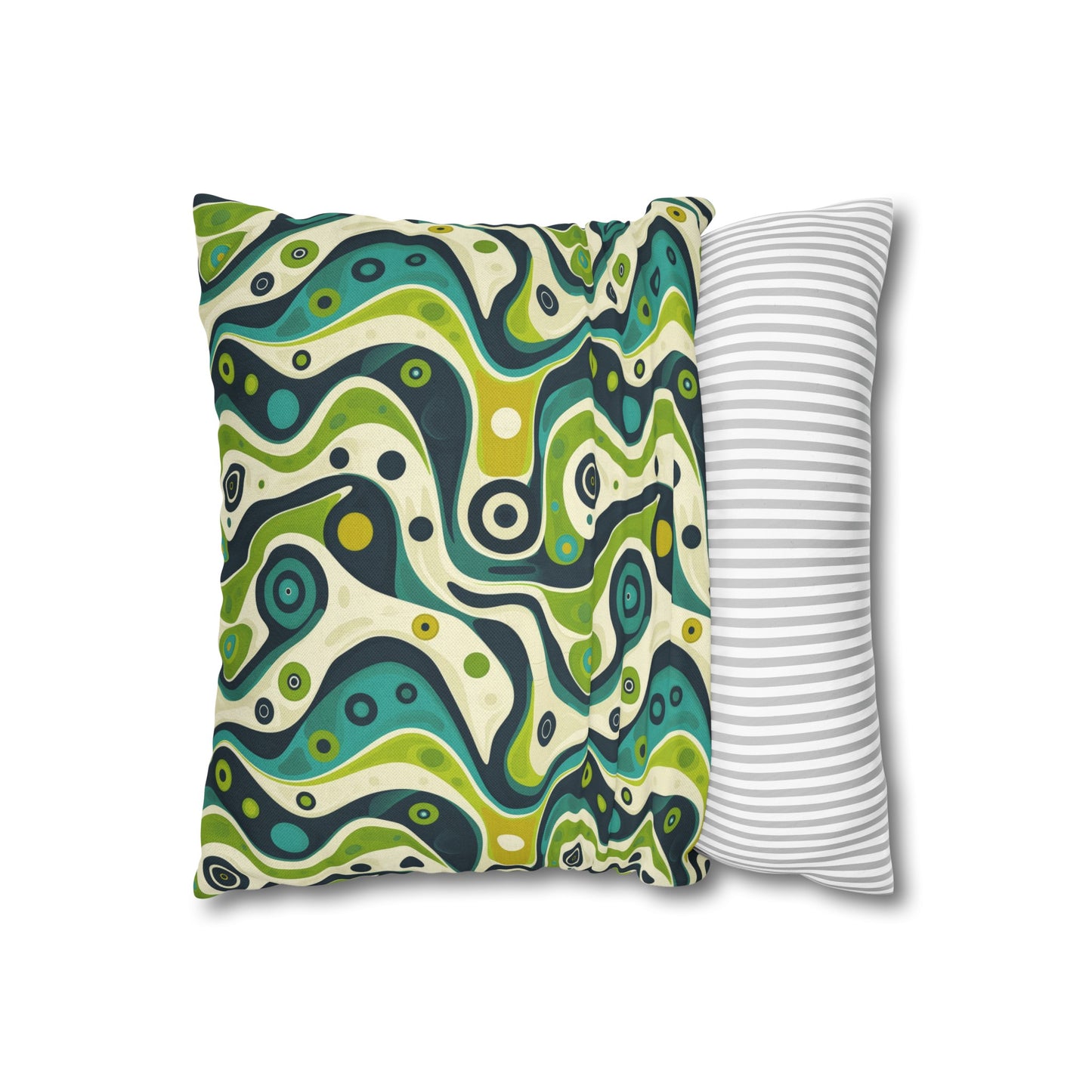 Groovy Retro Greens and Blues Abstract Waves Spun Polyester Square Pillowcase 4 Sizes