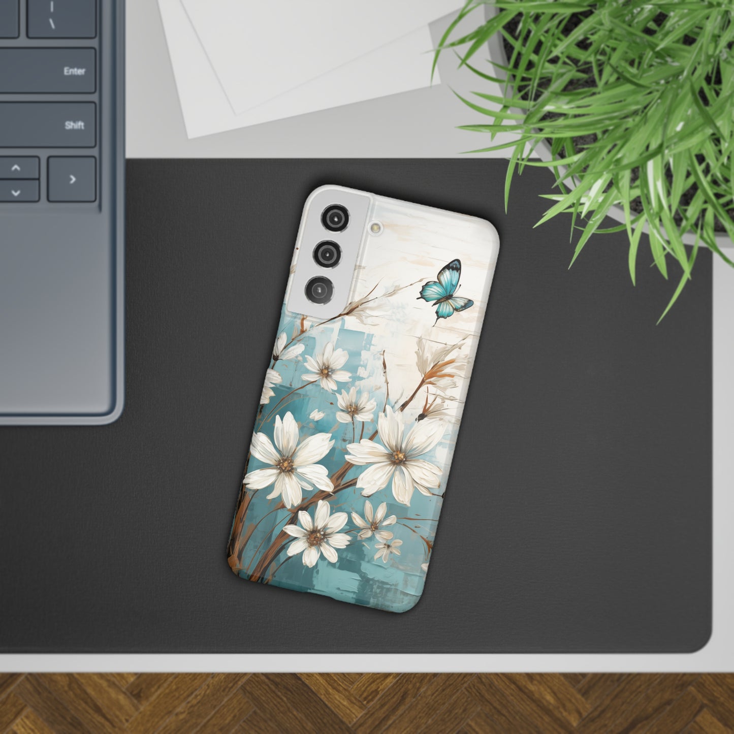 Rustic Farmhouse White and Teal Wild Daisies and Butterflies Samsung Slim Cases