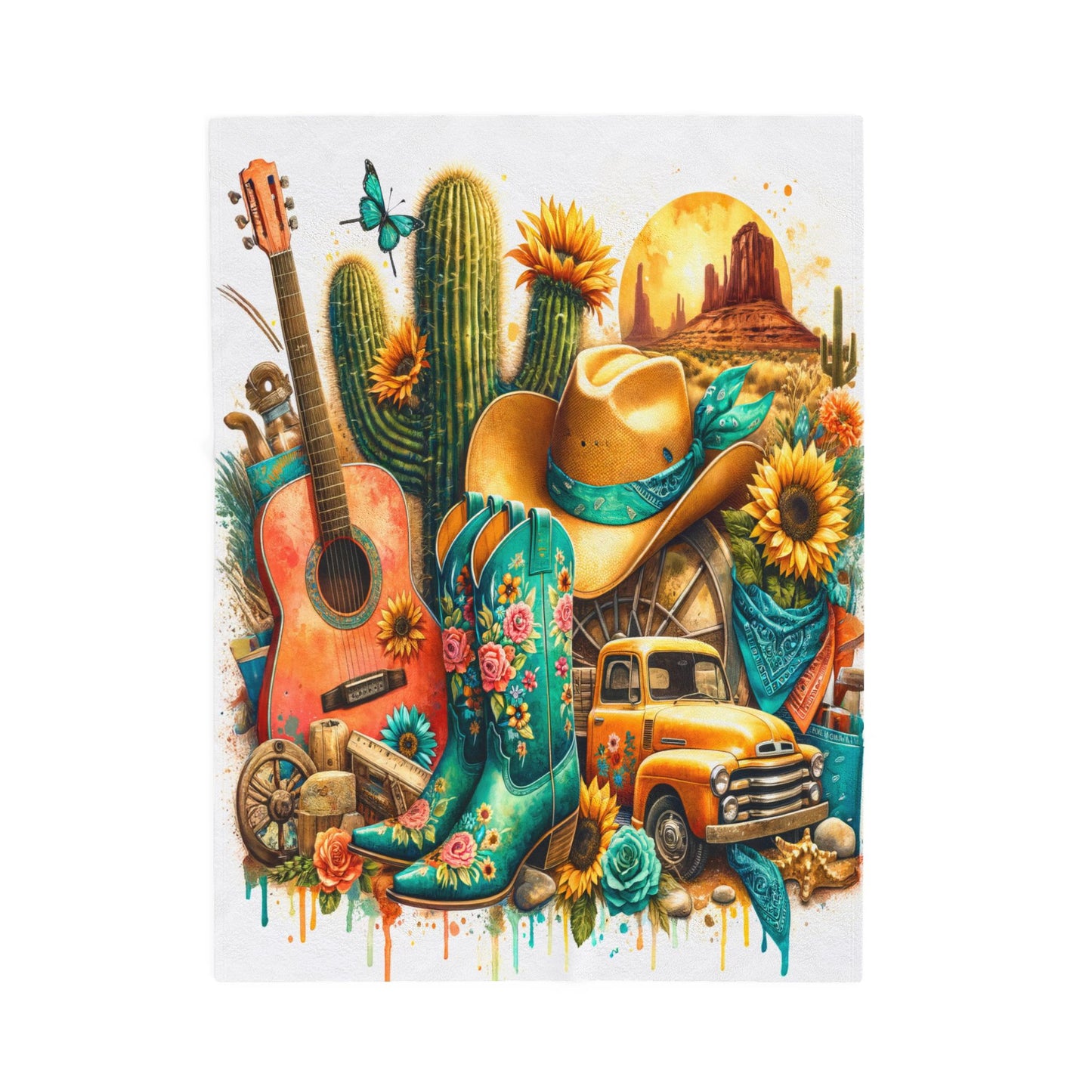 Western Music Rustic Southwestern Country Spring Print Velveteen Plush Blanket 3 Sizes