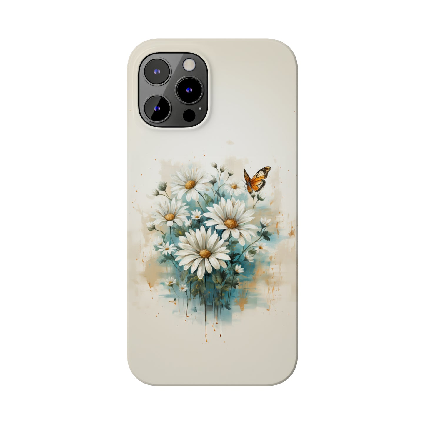 Rustic Farmhouse Teal and White Wild Daisies and Butterflies Iphone 15-12 Slim Phone Case