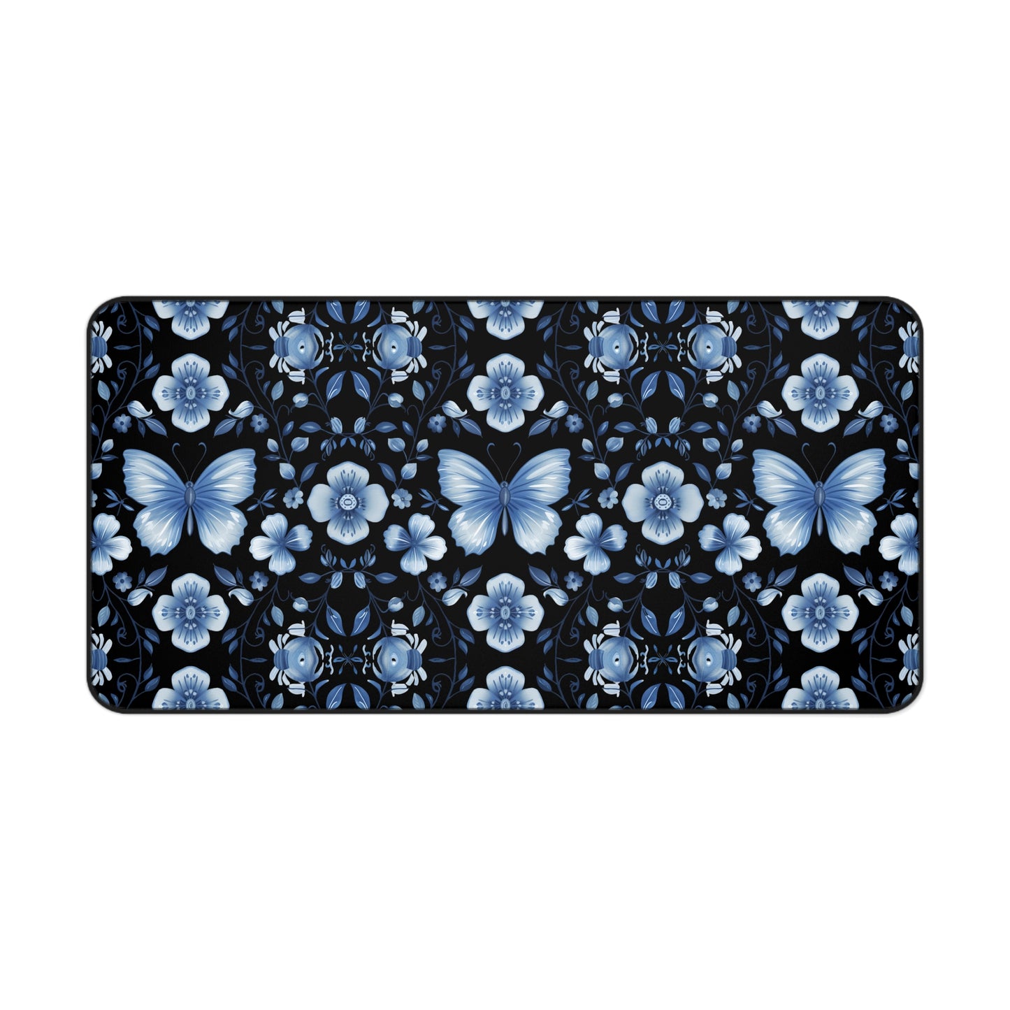 Enchanted Blue Butterflies and Blooms on Black Extended Gaming Mouse Pad  Desk Mat  - 3 Sizes