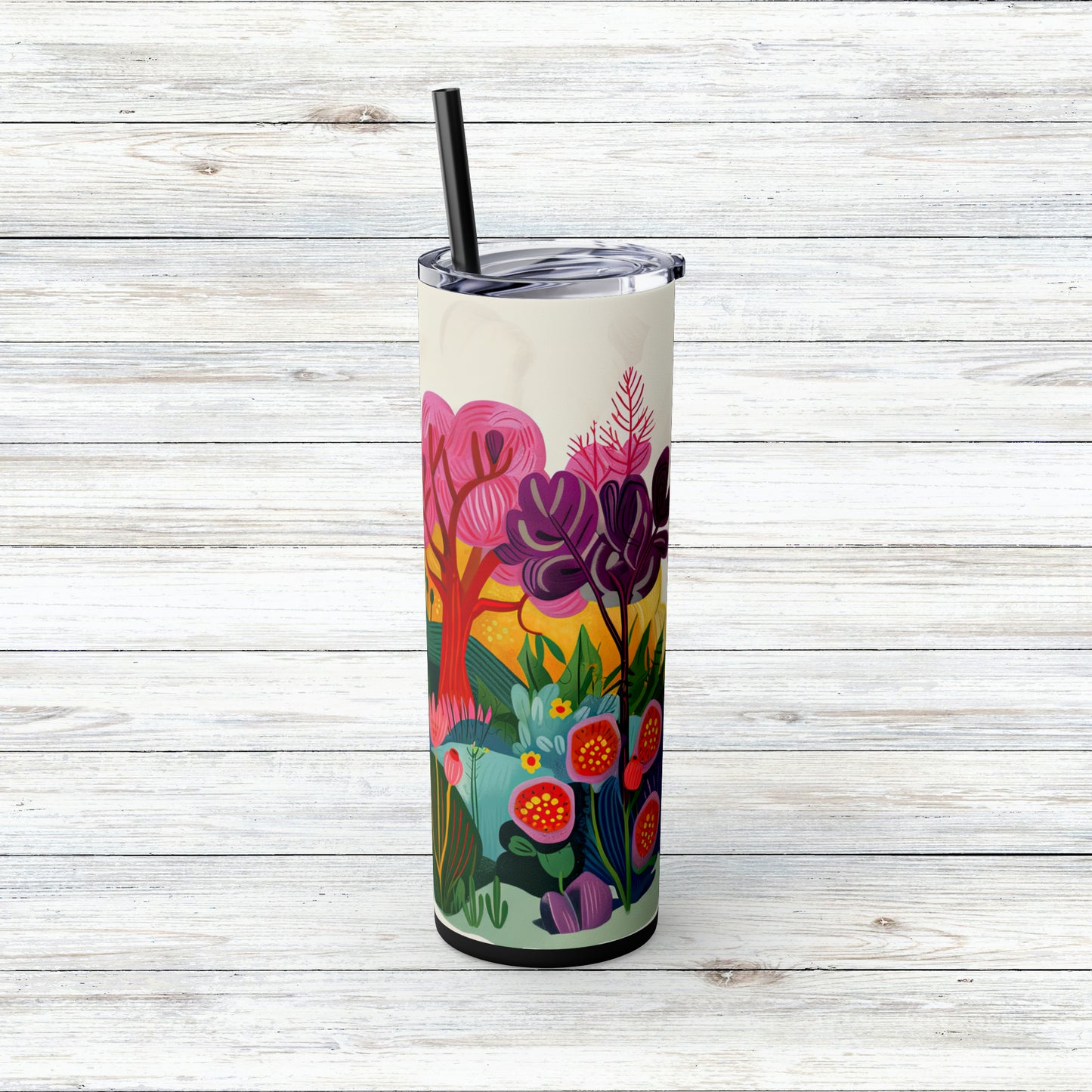 Springtime Abstract Field of Trees and Flowers in the Artistic Style of Josef Frank Skinny Tumbler with Straw, 20oz