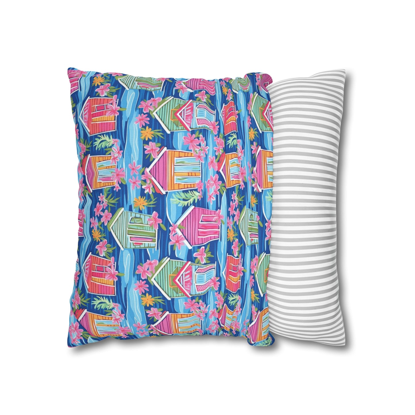 Seaside Serenade: Watercolor Beach Houses Amidst Blooming Florals Spun Polyester Square Pillowcase 4 Sizes