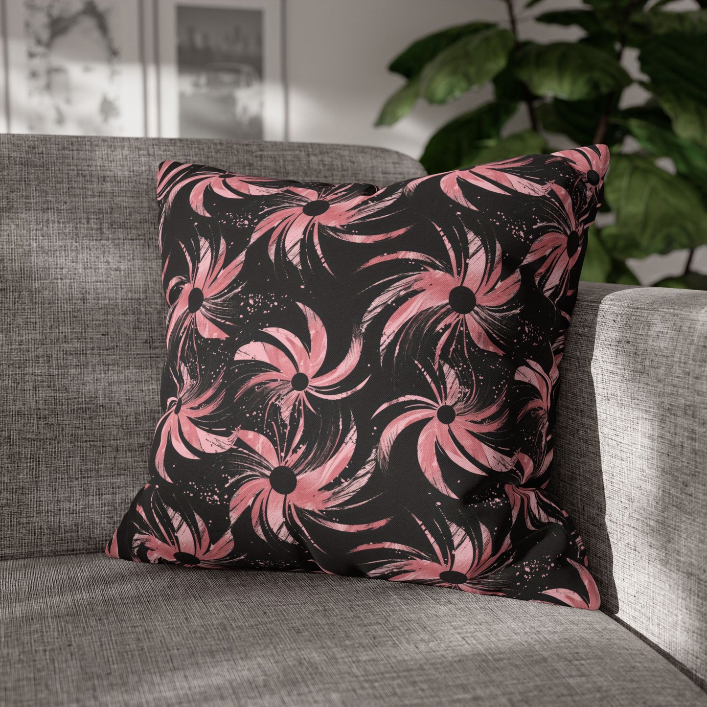 Stellar Blooms of Cosmic Pink on Midnight Black Design Spun Polyester Square Pillowcase 4 Sizes