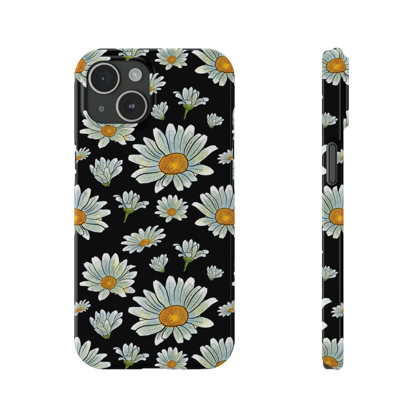 Large Watercolor Summer Daisies Blooming Against a Bold Black Background Iphone 15-12 Slim Phone Case