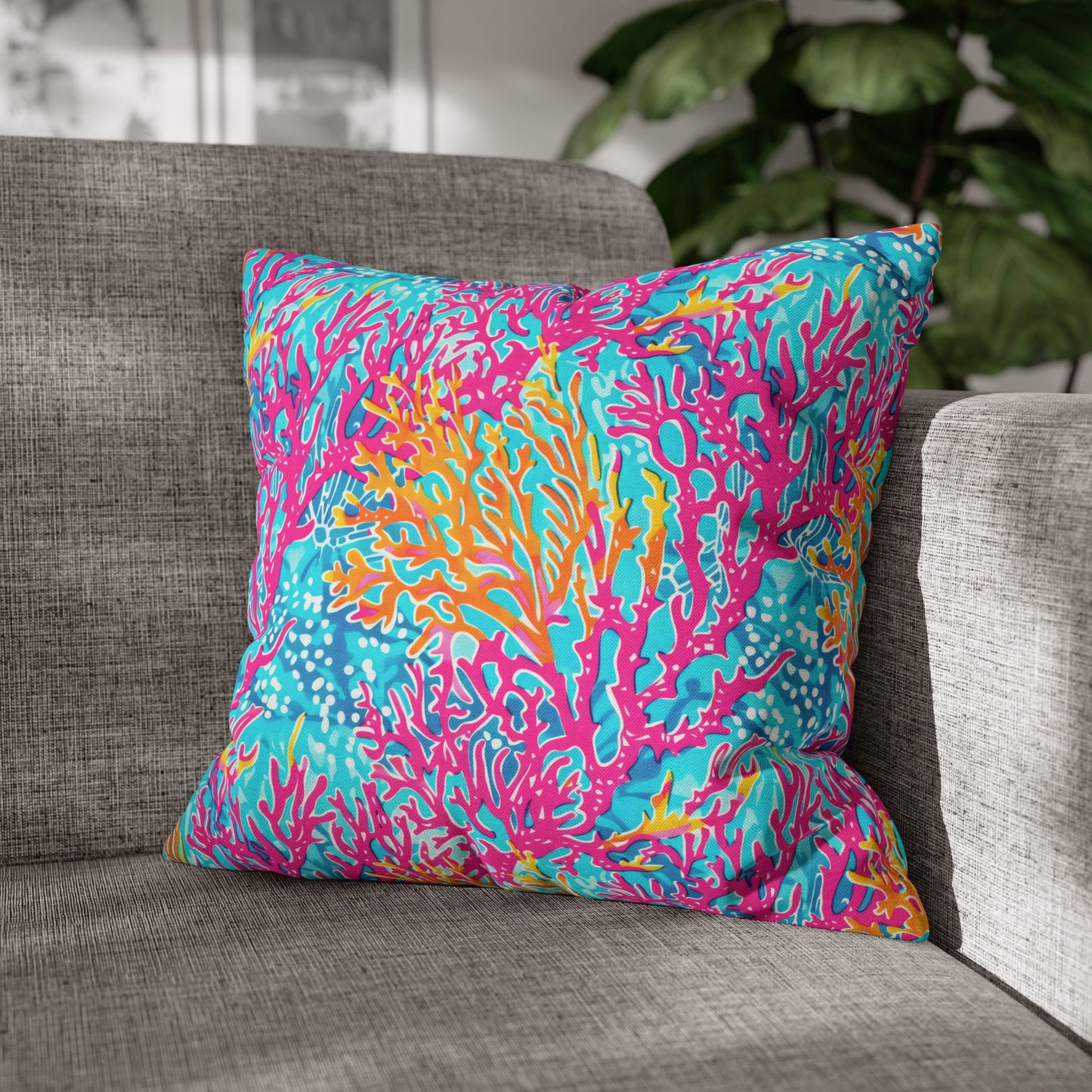 Coral Symphony: Bright Pink, Yellow, and Coral Dancing in the Blue Ocean Spun Polyester Square Pillowcase 4 Sizes