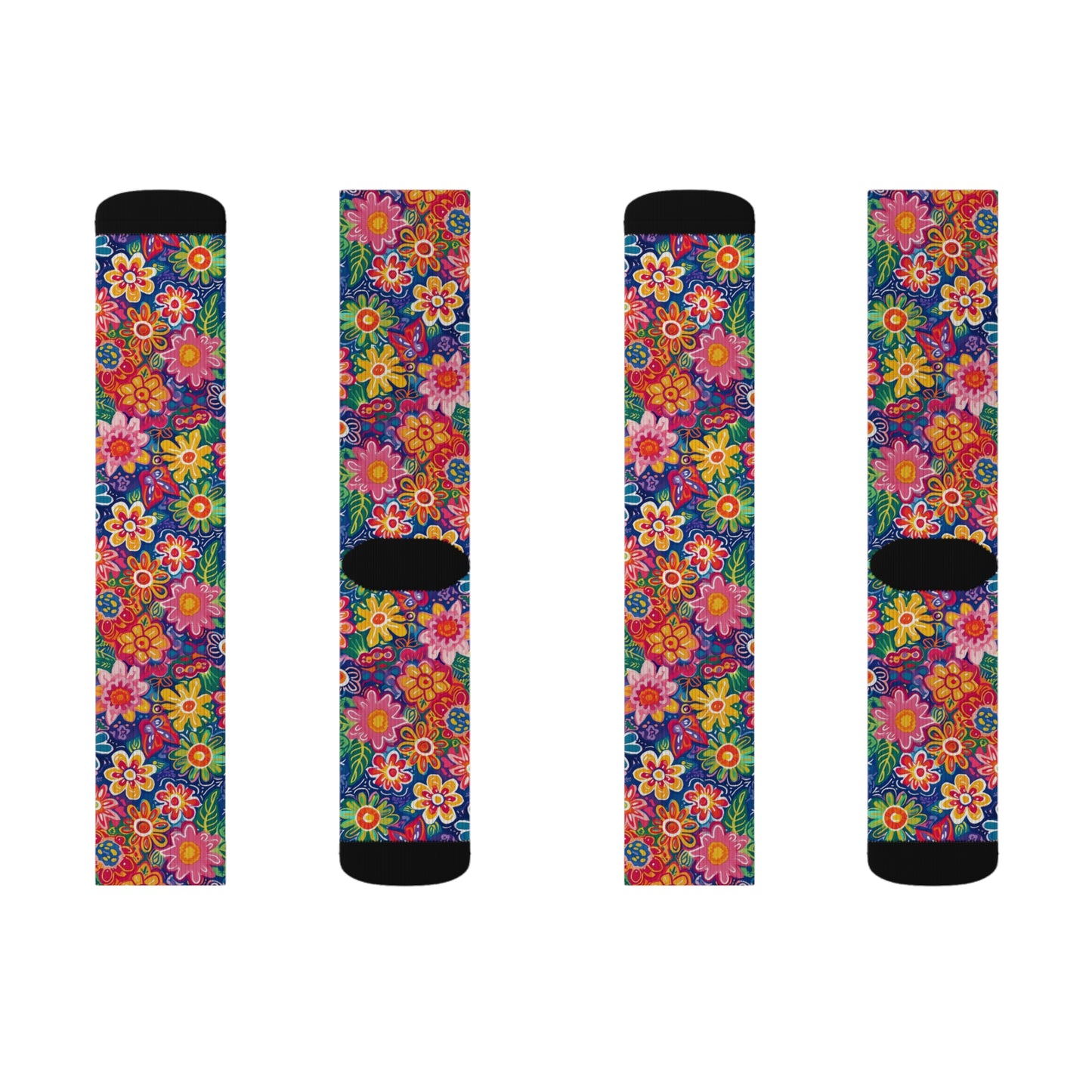 Fluttering Kaleidoscope: Vibrant Multicolor Flowers and Butterflies in Flight Ribbed Crew Socks