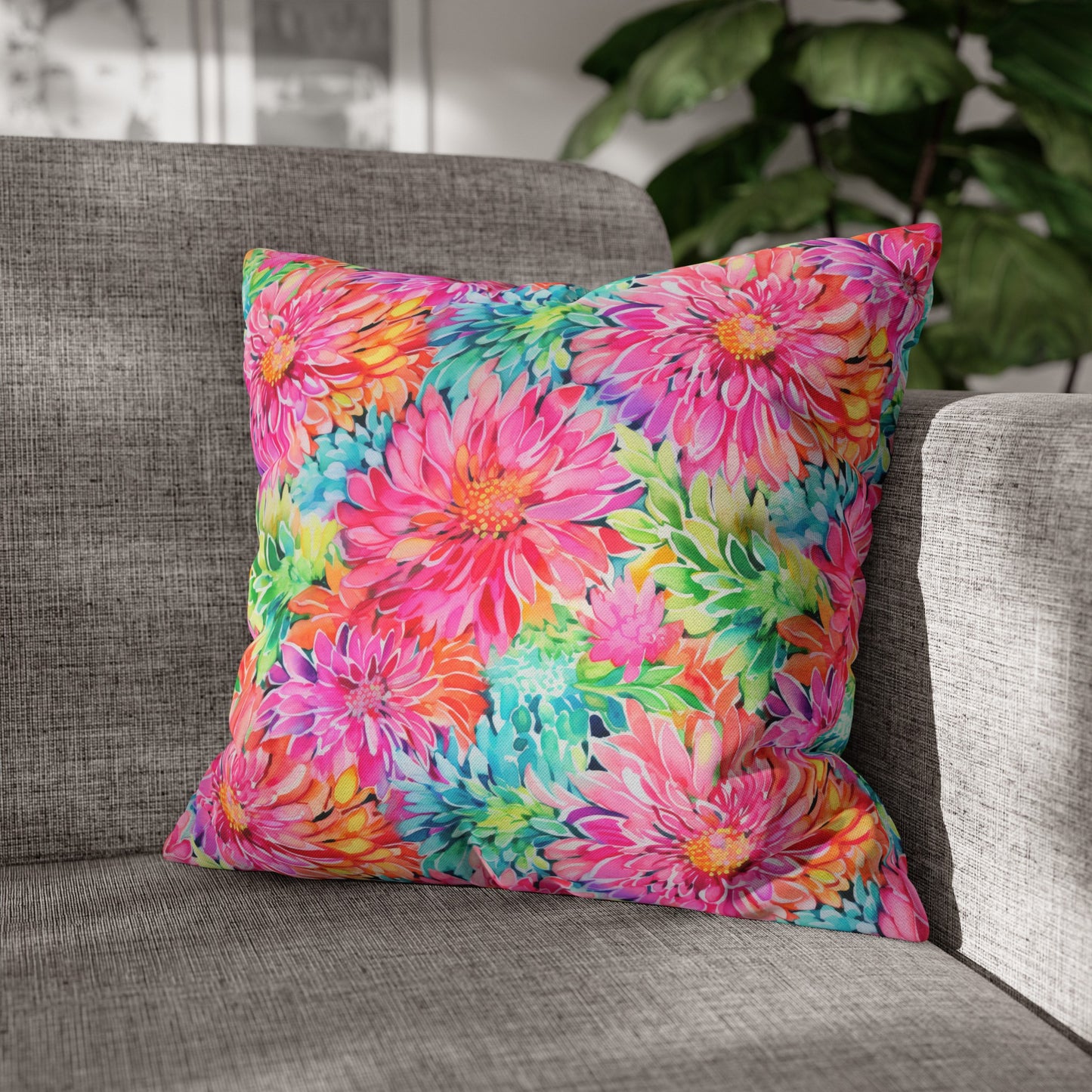 Blooming Spectrum: Large Vibrant Watercolor Flowers in Full Bloom Spun Polyester Square Pillowcase 4 Sizes