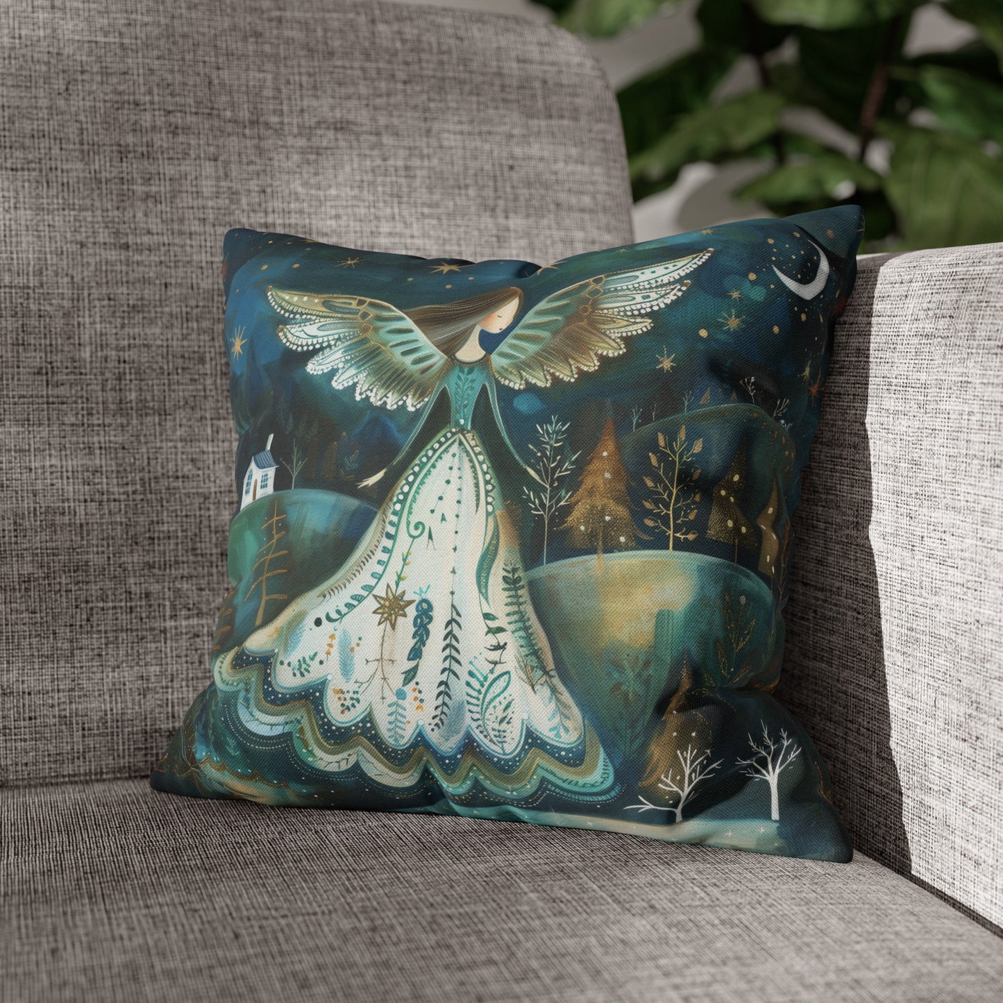 Starry Serenade: Angel in Flowing Dress Amidst a Starry Night Spun Polyester Square Pillowcase 4 Sizes