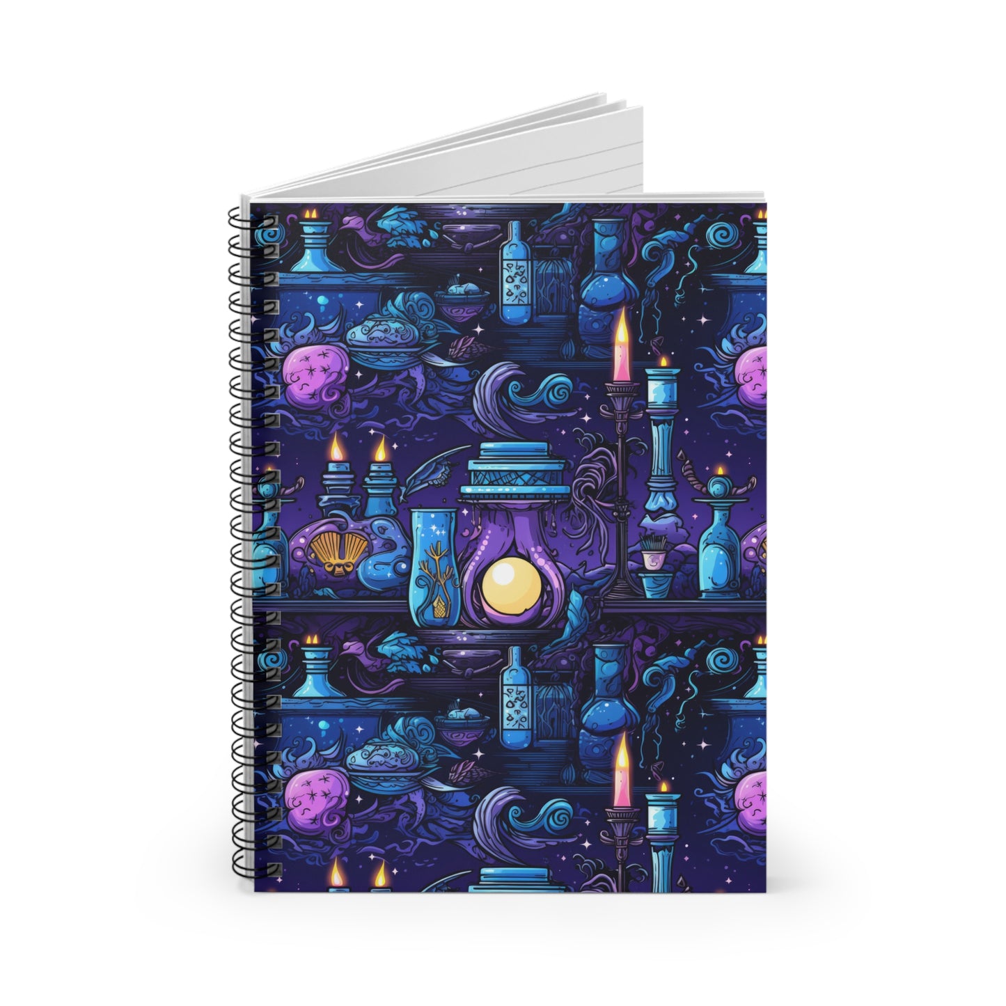 Mystical Brews and Enchantments: Purple and Blue Glowing Candles Set the Scene- Spiral Ruled Line Notebook 6"x8"