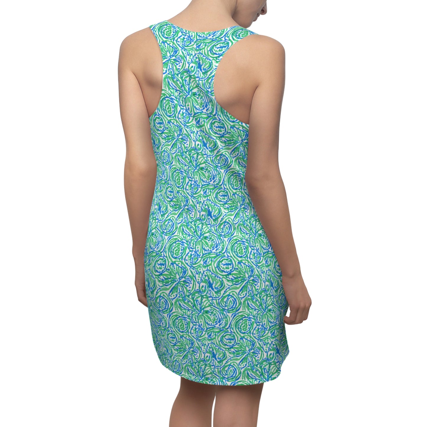 Emerald Tide: Swirling Green and Blue Flowers Women's Racerback Dress XS - 2XL