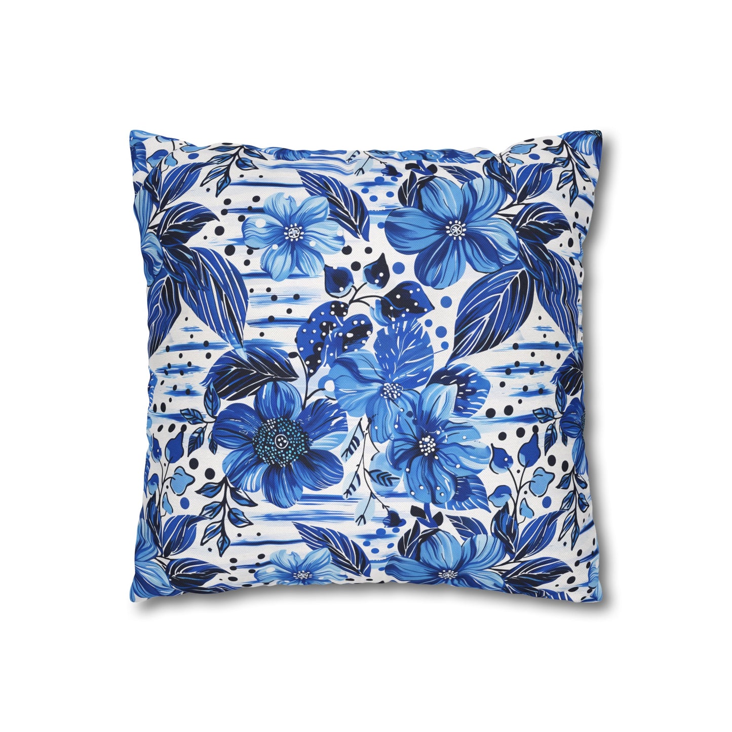 Floral Symphony in Shades of Blue, Harmonized with Abstract Lines Spun Polyester Square Pillowcase 4 Sizes