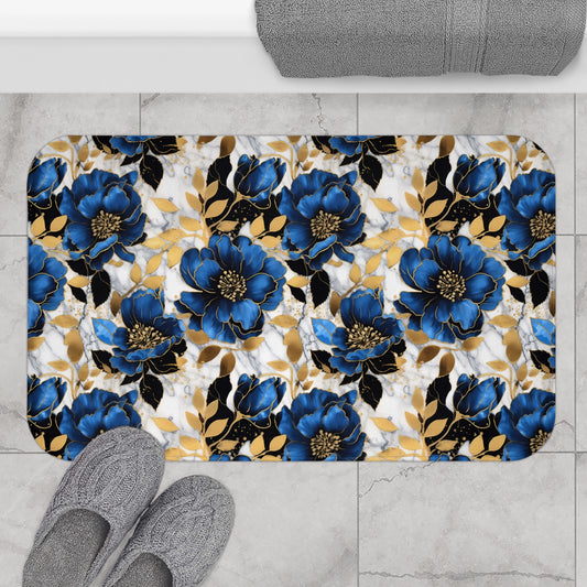 Grand Large and Elegant Flowers in Rich Navy and Gold Design  - Bathroom Non-Slip Mat 2 Sizes