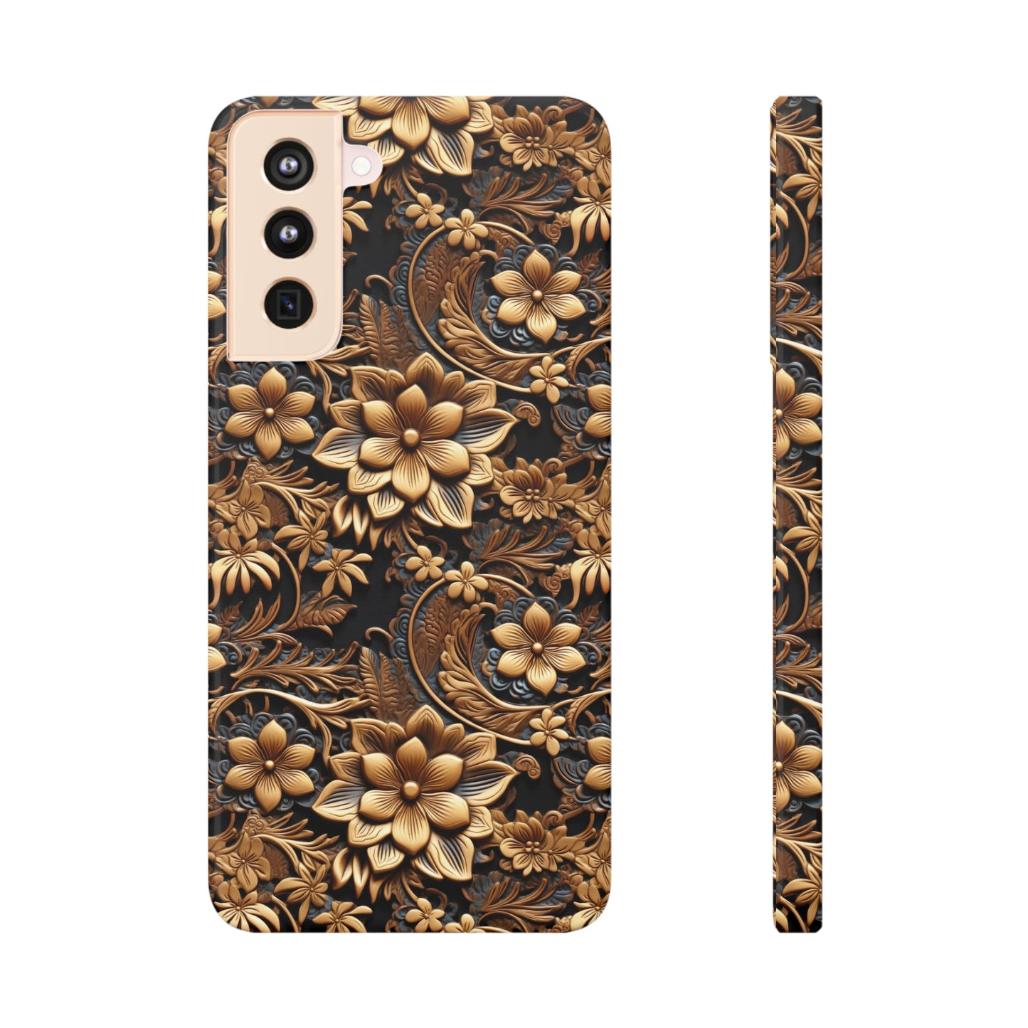 Tooled Gold Leather Flowers with Blue Accent Print Design Samsung Slim Cases