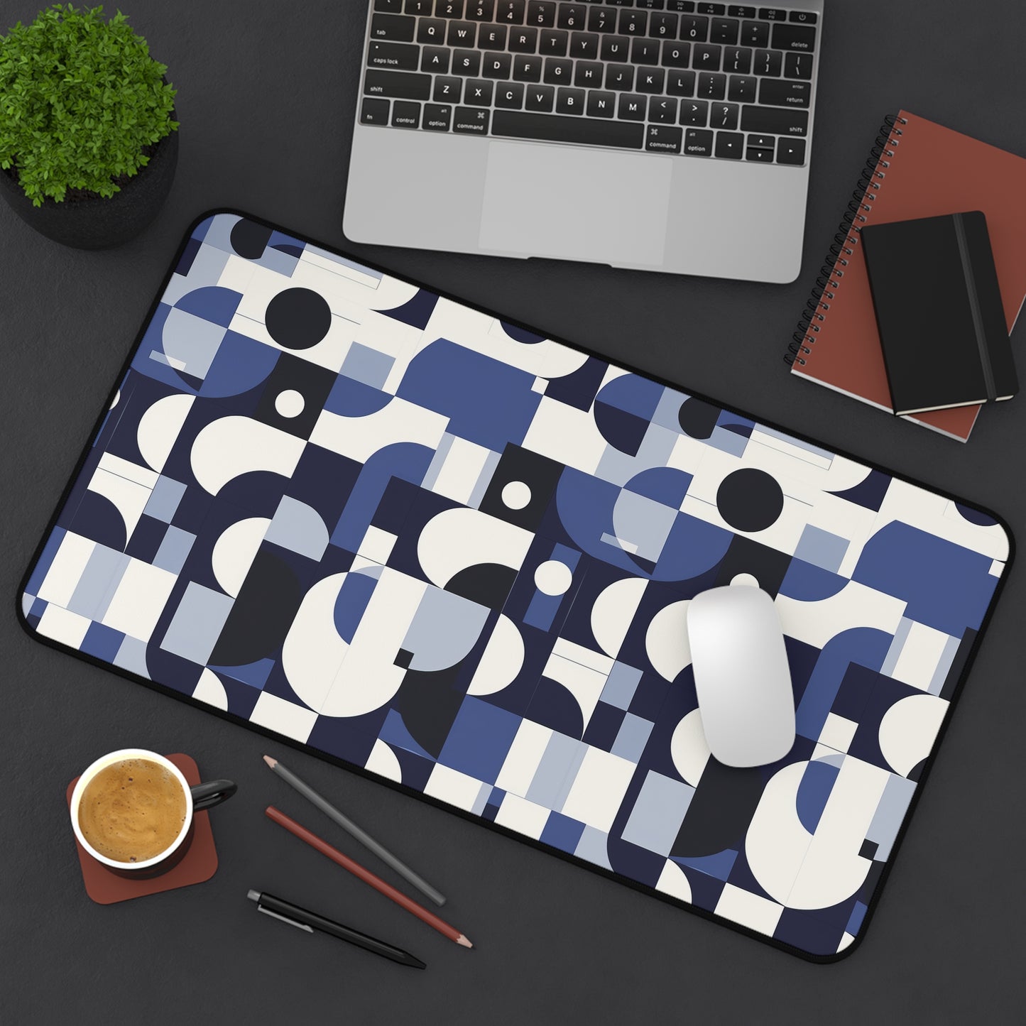 Navy Blue and White Mid-Century Modern Design Extended Gaming Mouse Pad  Desk Mat  - 3 Sizes