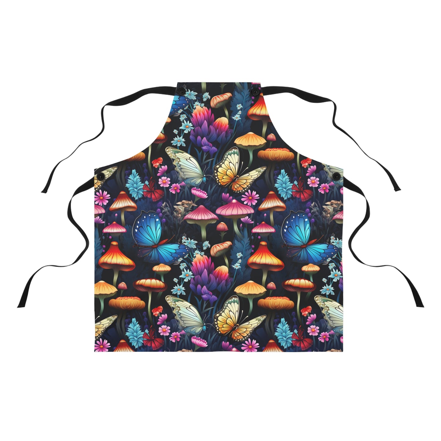 Neon Nocturne: Illuminated Butterfly and Mushroom Silhouettes Against the Night Sky - Kitchen Chef Apron