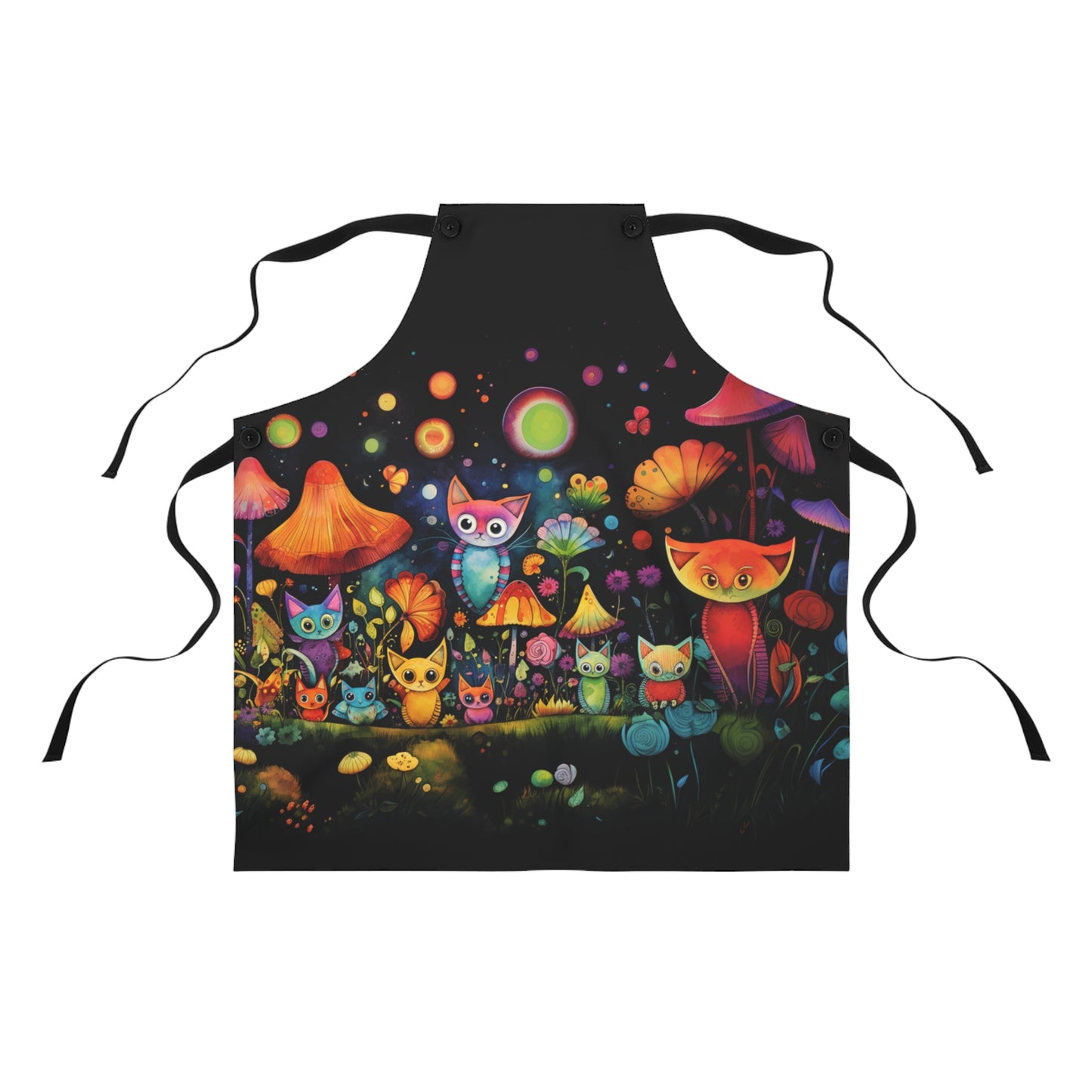 Mystical Cats Amidst a Garden of Flowers and Mushrooms, Beneath a Starry Sky- Kitchen Chef Apron