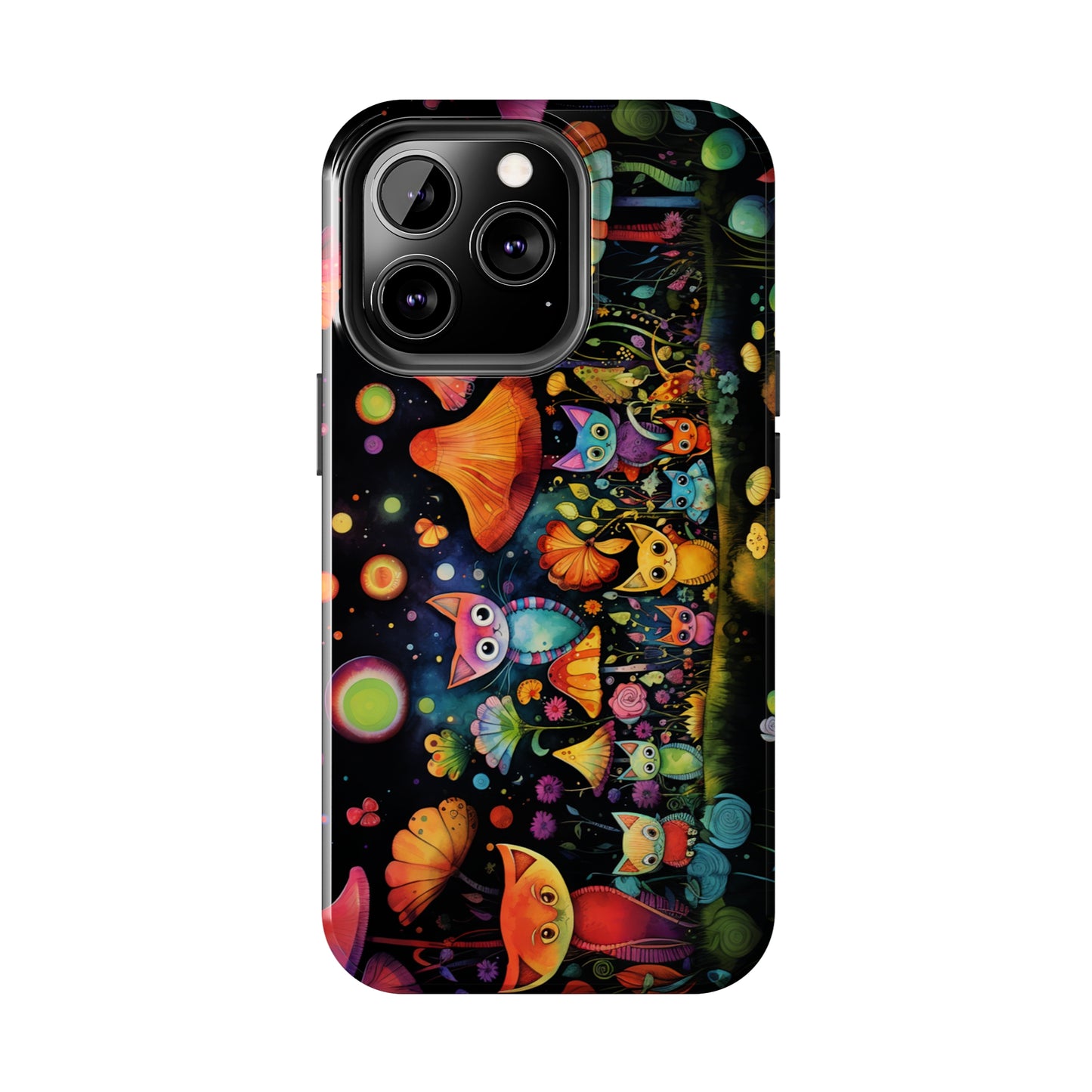 Mystical Cats Amidst a Garden of Flowers and Mushrooms, Beneath a Starry Sky Iphone Tough Phone Case