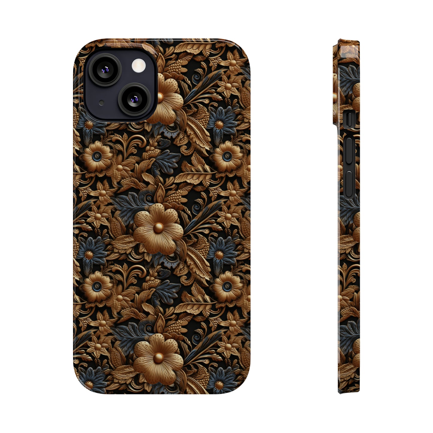 Tooled Leather Gold Flowers with Blue Leaves Accent Print Design Iphone 15-12 Slim Phone Case