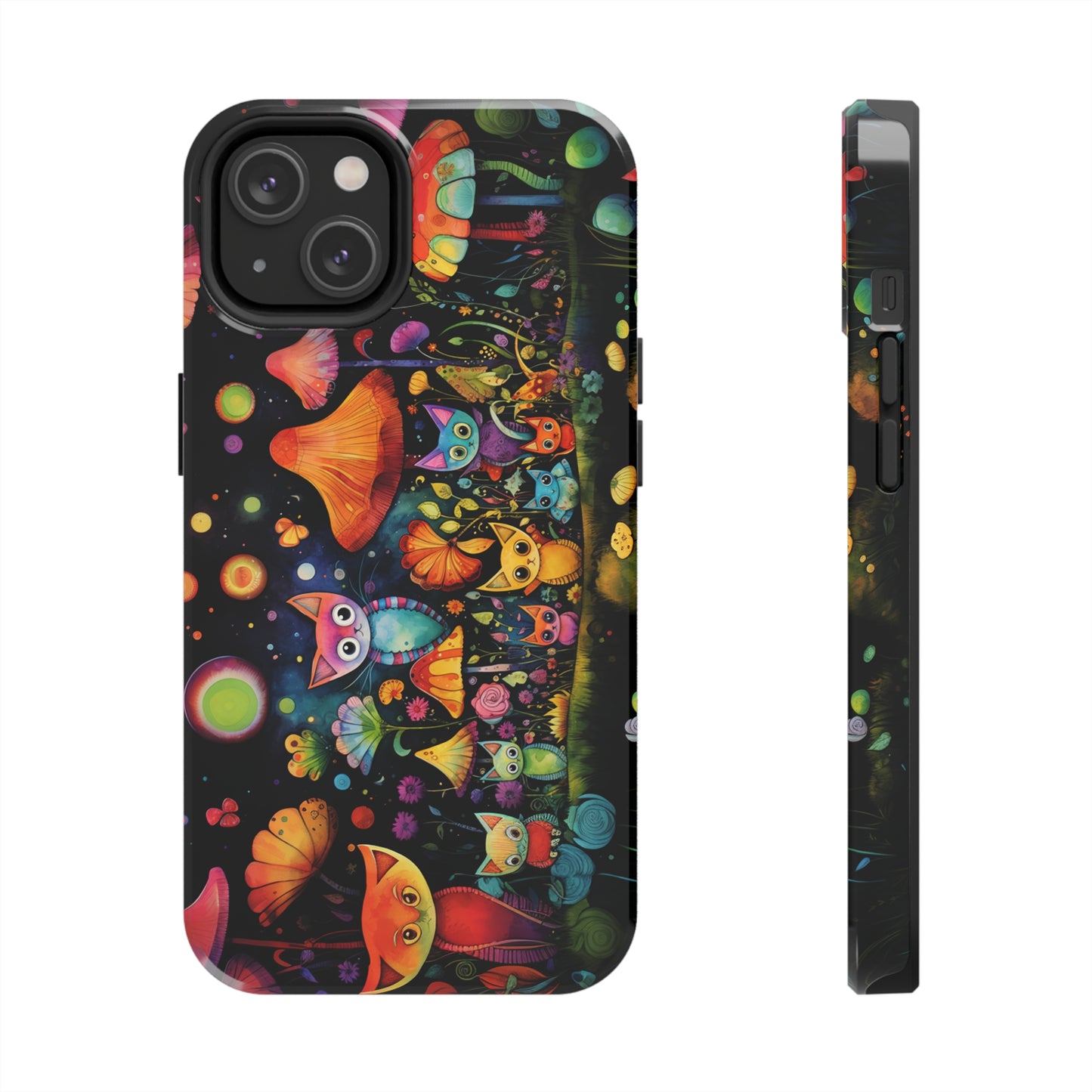 Mystical Cats Amidst a Garden of Flowers and Mushrooms, Beneath a Starry Sky Iphone Tough Phone Case