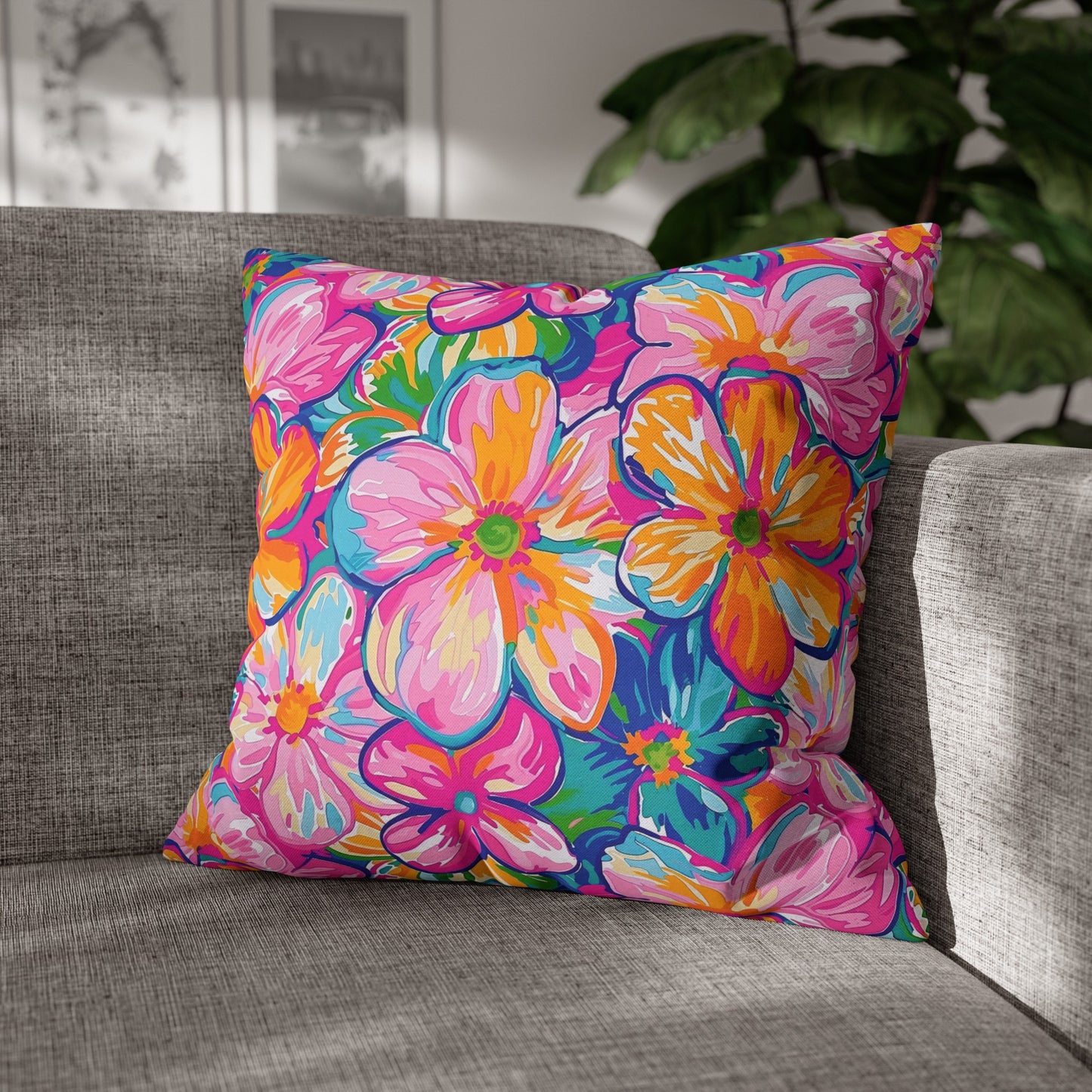 Chromatic Blossoms: Large Watercolor Flowers in Mixed Pinks, Blues, and Oranges Spun Polyester Square Pillowcase 4 Sizes