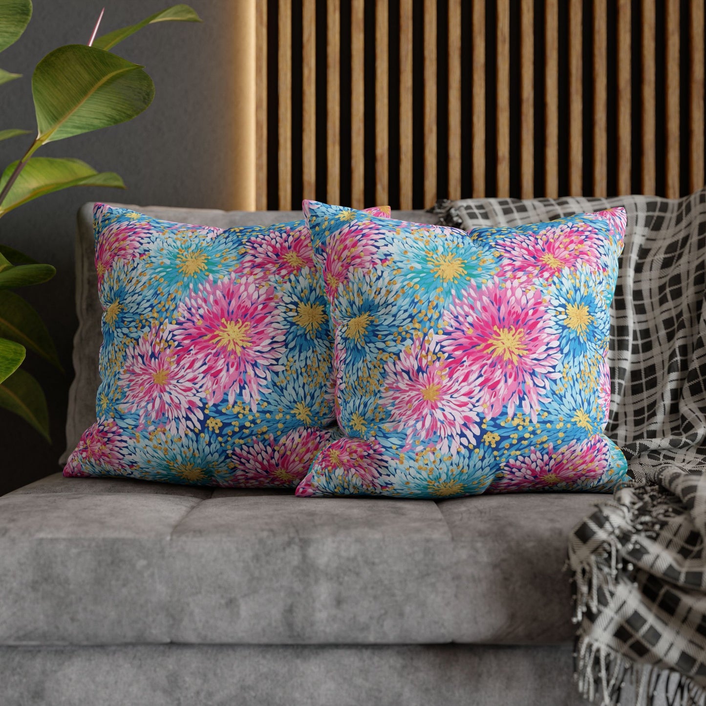 Pastel Harmony: Watercolor Chrysanthemums in Pink, Blue, and Yellow Spun Polyester Square Pillowcase 4 Sizes