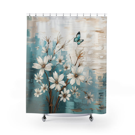 Rustic Farmhouse White and Teal Wild Daisies and Butterflies Bathroom Shower Curtain   71" × 74"