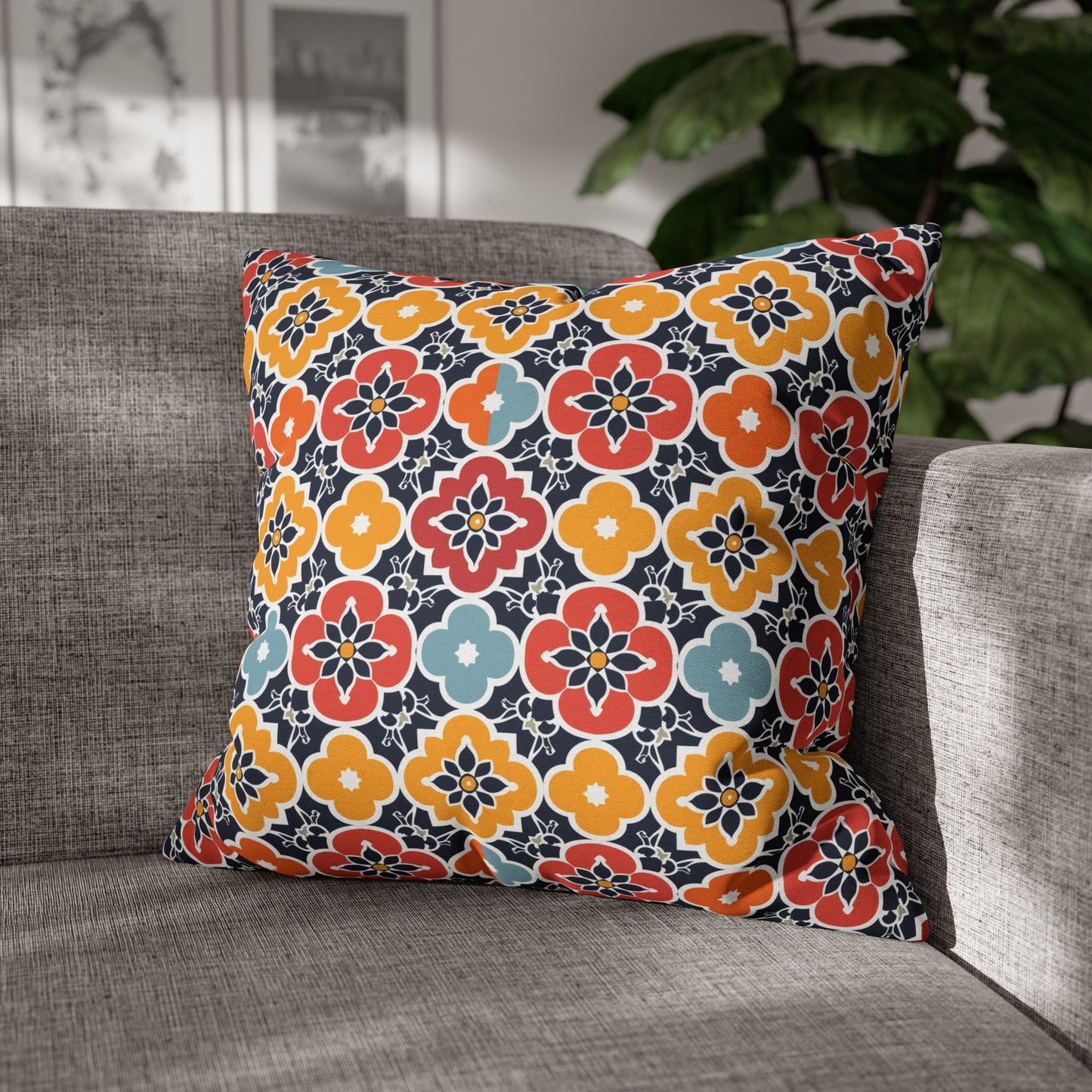 Vibrant Moroccan Orange, Gold and Blue Tile Pattern Spun Polyester Square Pillowcase 4 Sizes