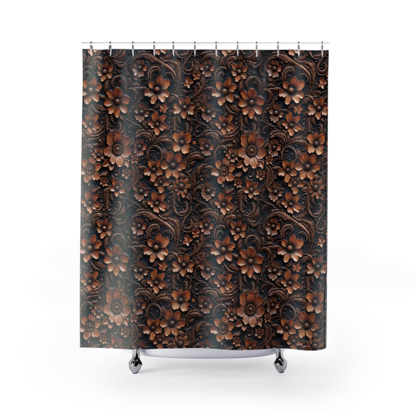 Tooled Deep Brown Leather Flowers Print Design Bathroom Shower Curtain 71" × 74"