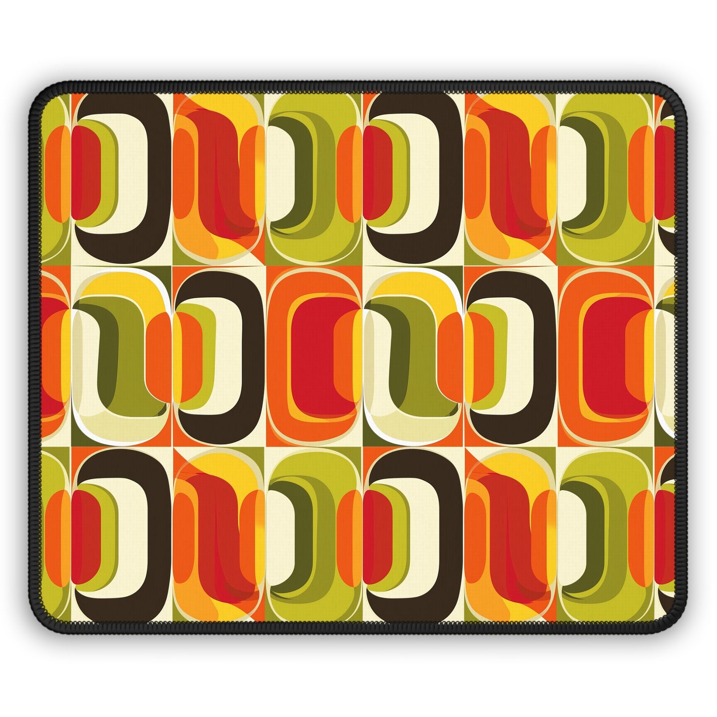 Vintage Vibes Retro 70s Geometric Pattern in Orange, Greens and Brown Tones Gaming Mouse Pad with Finished Edges