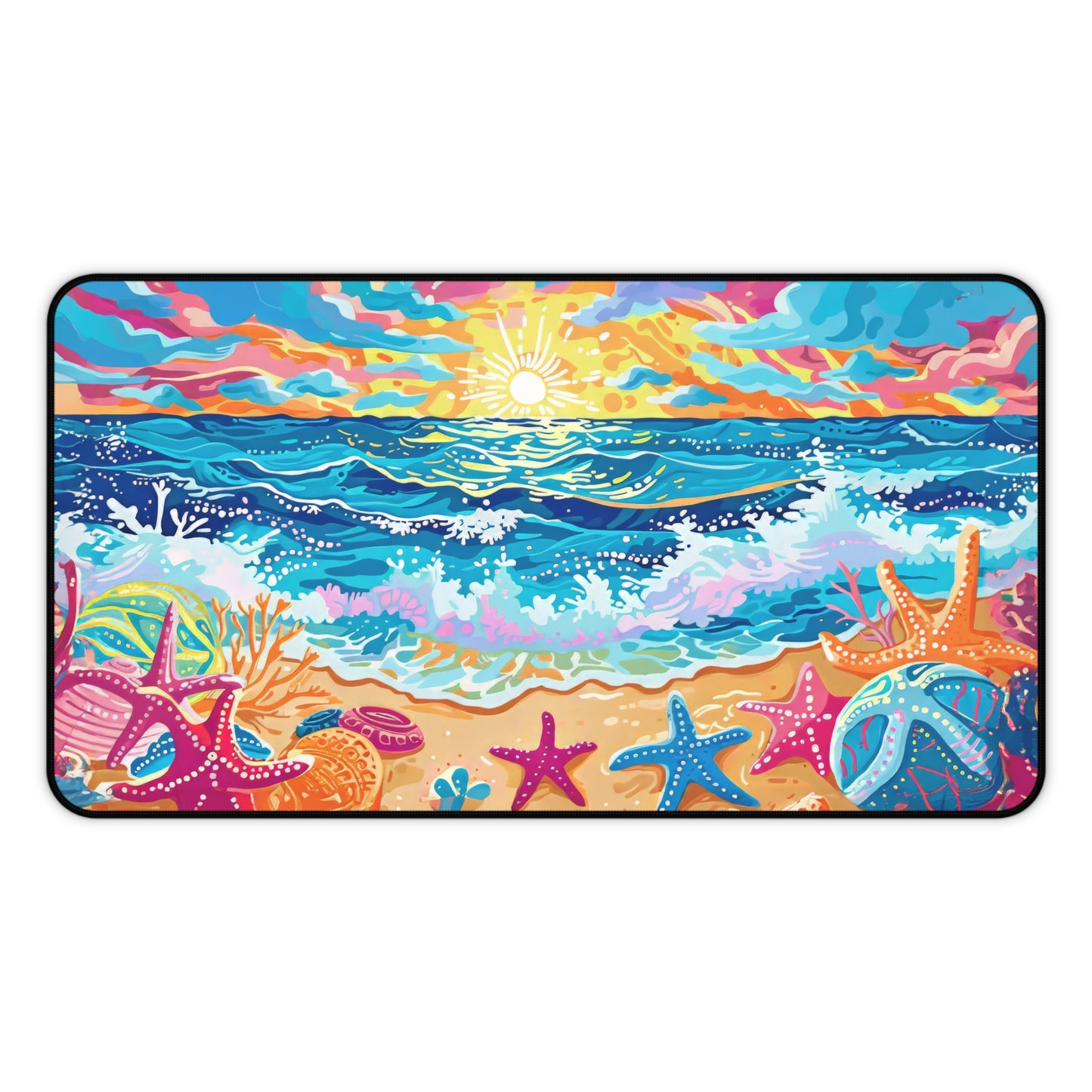 Vibrant Seaside Morning Layers of Energetic Waves, a Radiant Sun, and Colorful Seashells Extended Gaming Mouse Pad  Desk Mat  - 3 Sizes