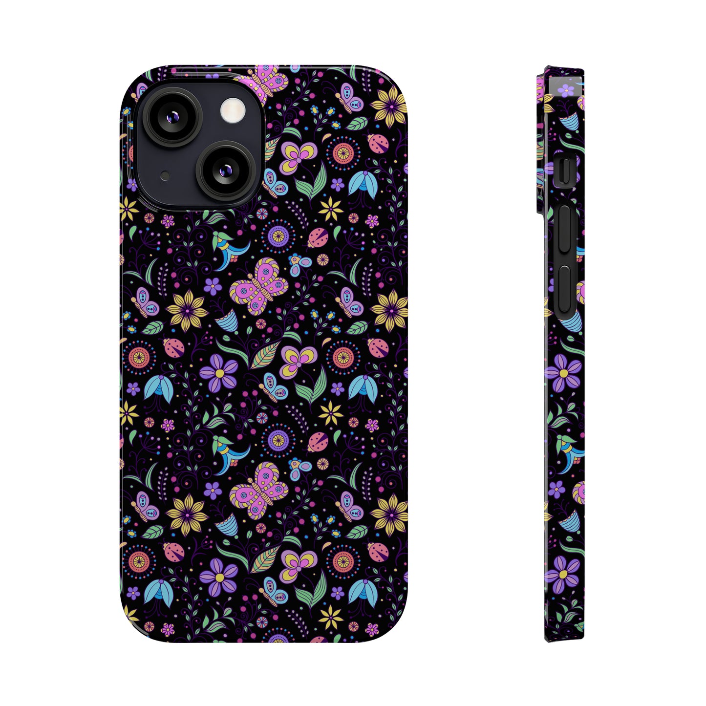 Butterflies and Flowers Black Background Iphone 15-12 Slim Phone Case