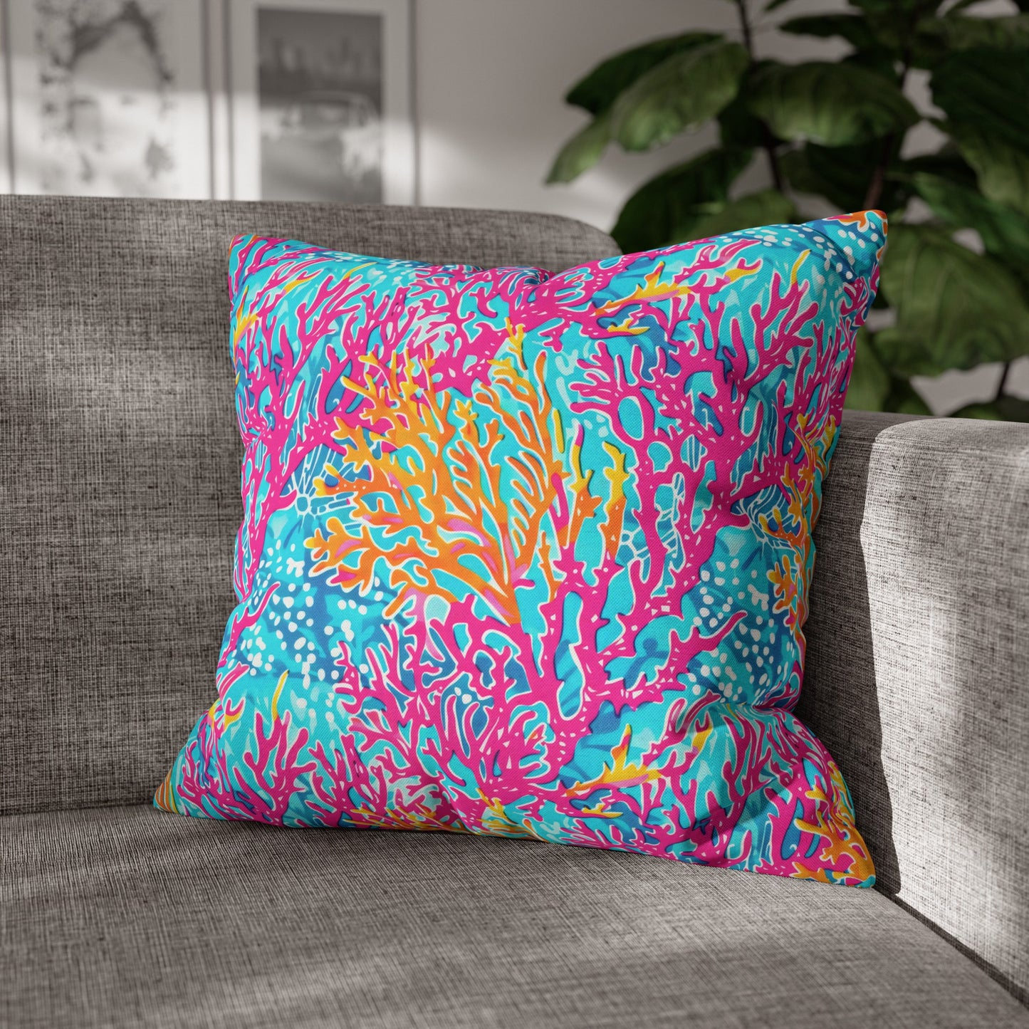 Coral Symphony: Bright Pink, Yellow, and Coral Dancing in the Blue Ocean Spun Polyester Square Pillowcase 4 Sizes