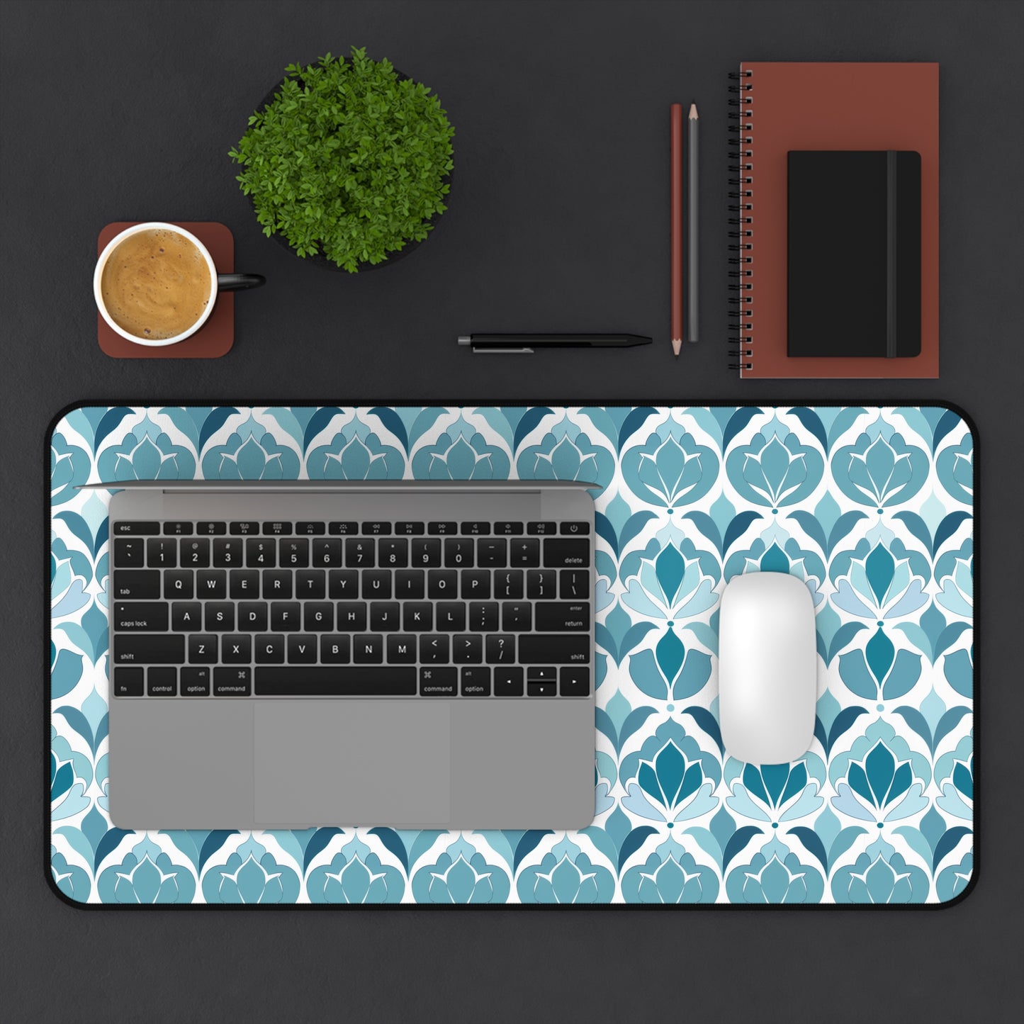 Serene Floral Pattern in Shades of Aqua and Teal, Forming Graceful Botanical Motifs Extended Gaming Mouse Pad  Desk Mat  - 3 Sizes