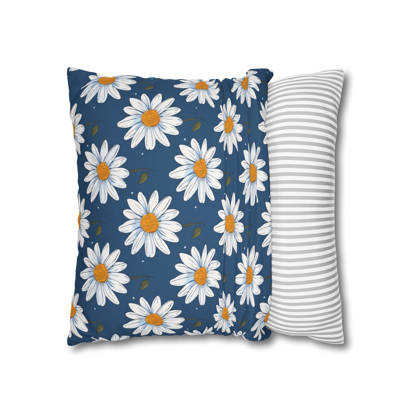 Elegant White Daisies on Navy Blue Background Spun Polyester Square Pillowcase 4 Sizes