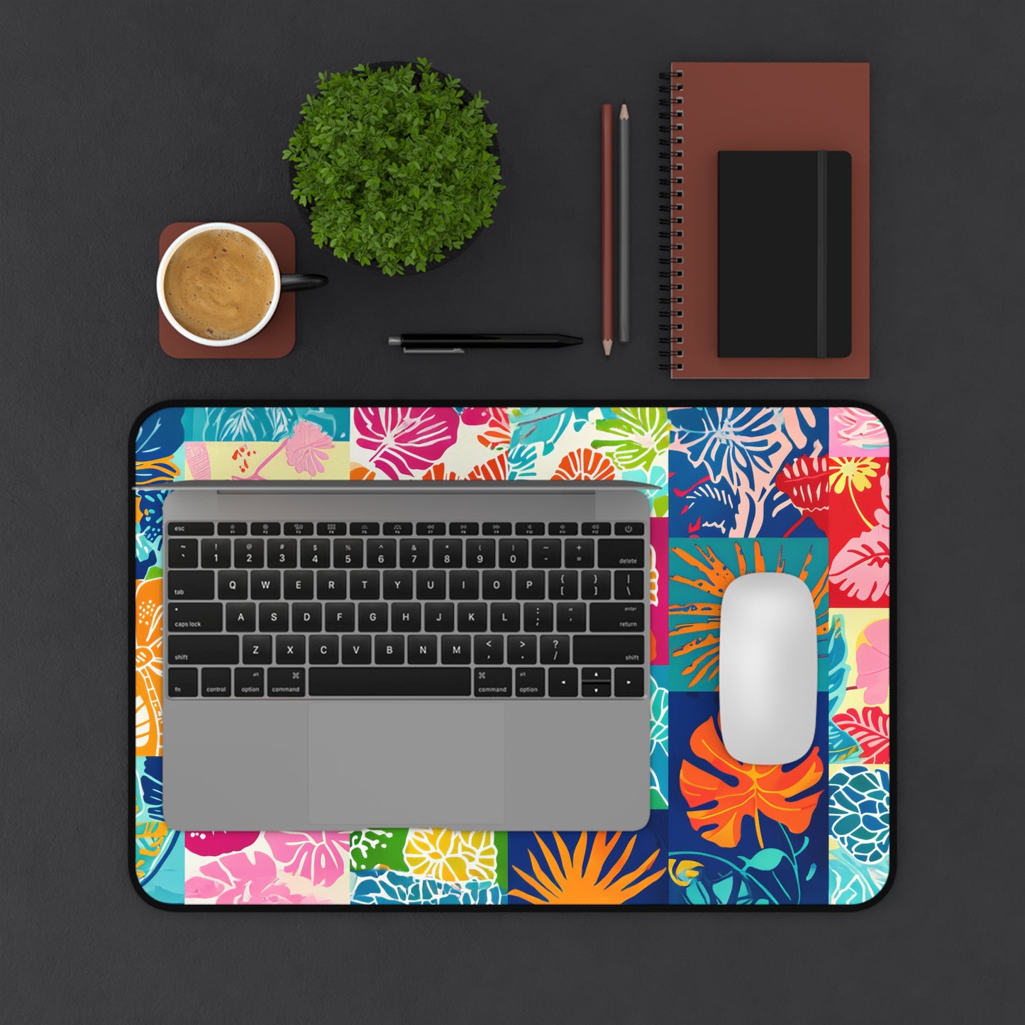 Vibrant Mosaic of Tropical Unique Shapes and Hues, from Vivid Oranges to Deep Blue Leaves and Flowers Extended Gaming Mouse Pad  Desk Mat  - 3 Sizes