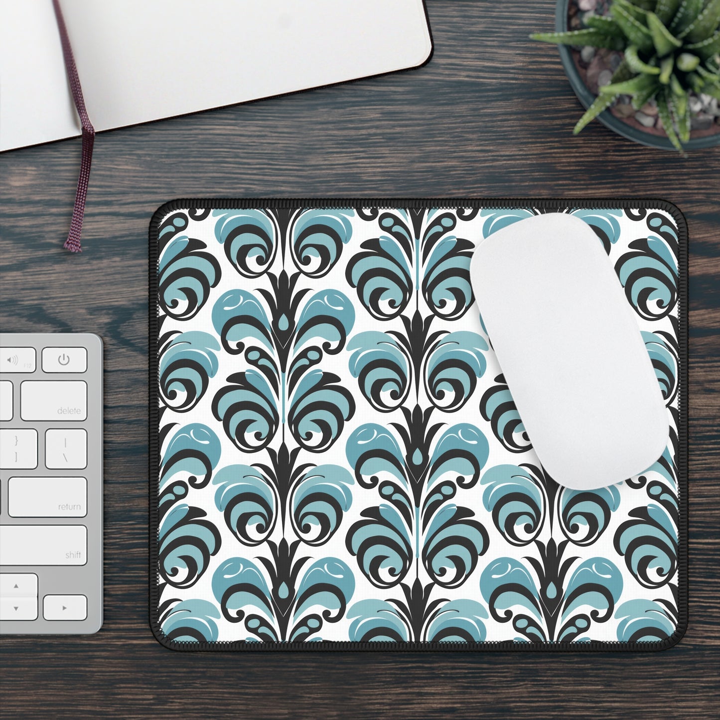 Vintage Blue & Black Swirl Pattern Gaming Mouse Pad with Finished Edges