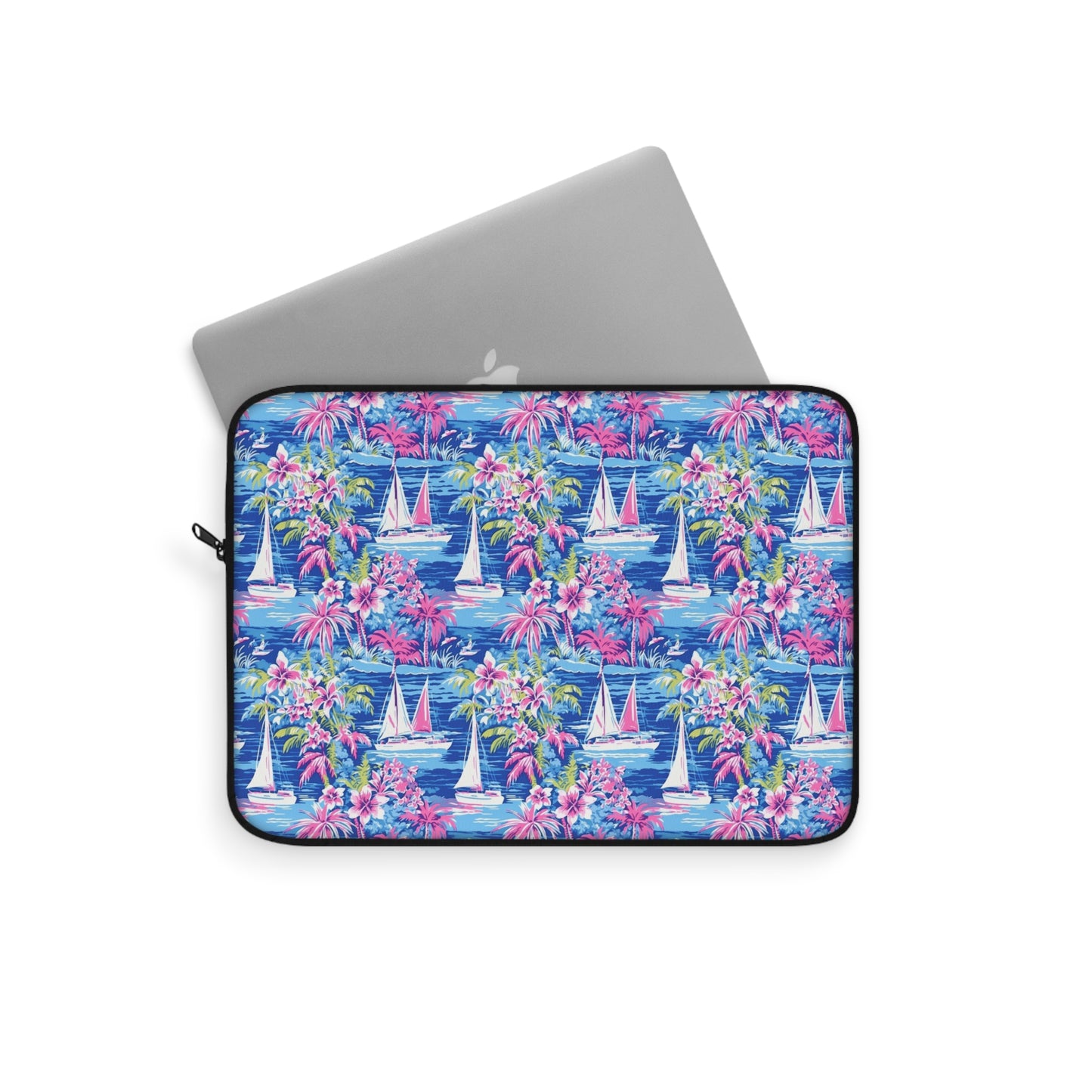 Sailing Tropics: Watercolor Sailboats Amidst Ocean Waves, Tropical Flowers, and Palm Trees Laptop or Ipad Protective Sleeve 3 Sizes Available