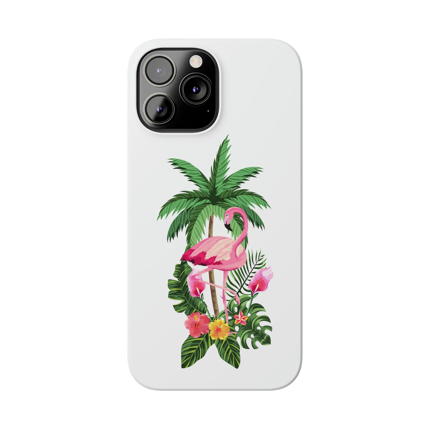 Tropical Pink Flamingo and Flowers White Background Iphone 15-12 Slim Phone Case