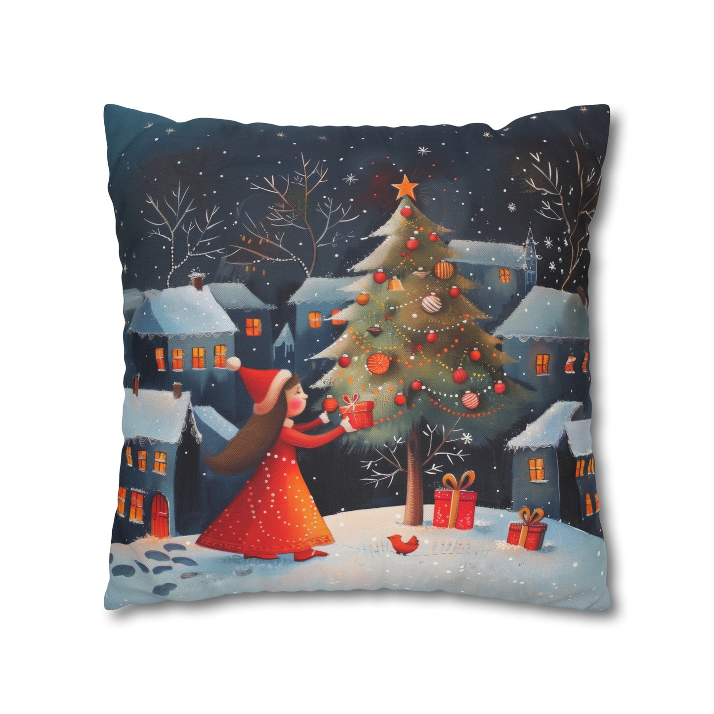 Joyful Surprise: Little Girl Admiring Christmas Tree with Presents Spun Polyester Square Pillowcase 4 Sizes