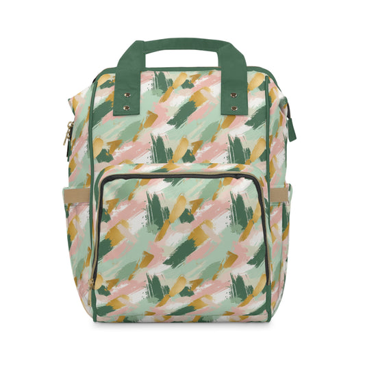 Spring Brushstrokes Abstract in Light Green, Pink, and Gold Multifunctional Diaper Backpack