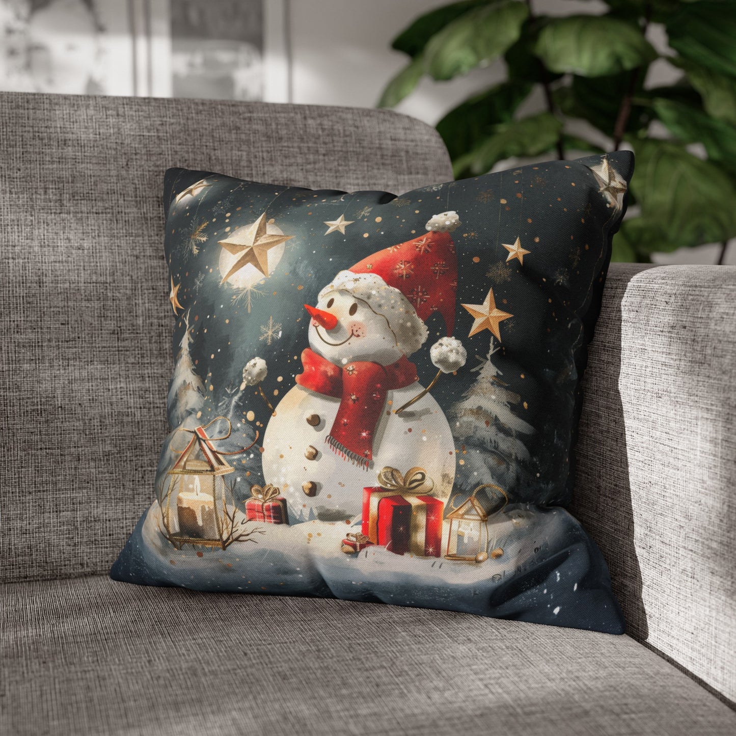 Moonlit Frost: Snowman Basking in Moonlight Surrounded by Presents Spun Polyester Square Pillowcase 4 Sizes