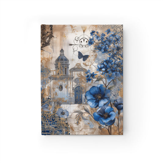 Victorian Castle Surrounded by Faded Blue Floral Gardens, with Butterflies Gracefully Dancing Amidst - Hardcover Ruled Line Journal 5" x 7"