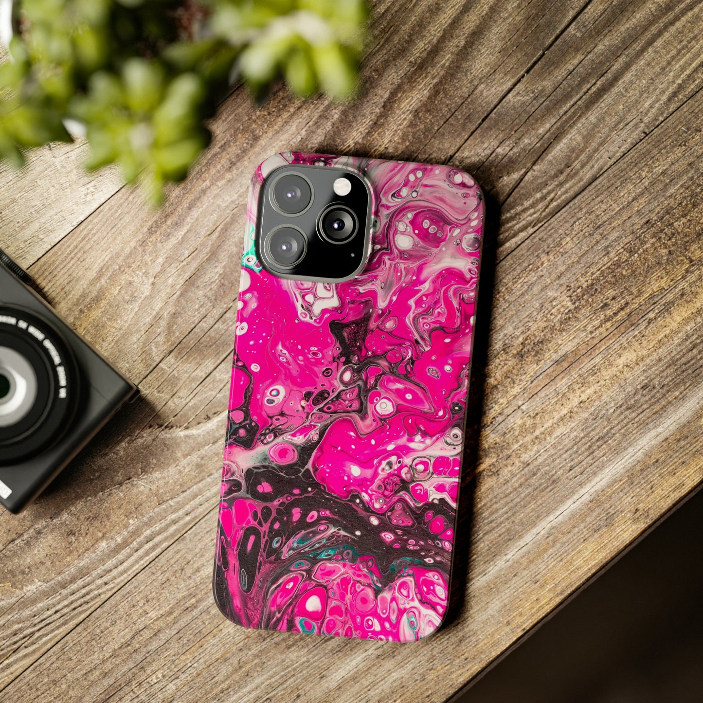 Pink, Black and White Alcohol Ink Design Iphone 15-12 Slim Phone Case