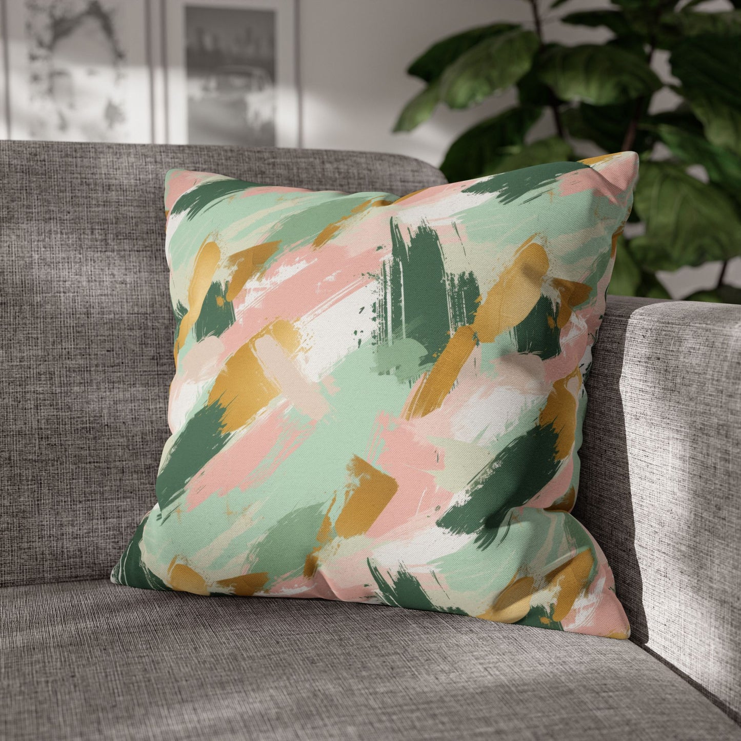 Spring Brushstrokes Abstract in Light Green, Pink, and Gold Spun Polyester Square Pillowcase 4 Sizes