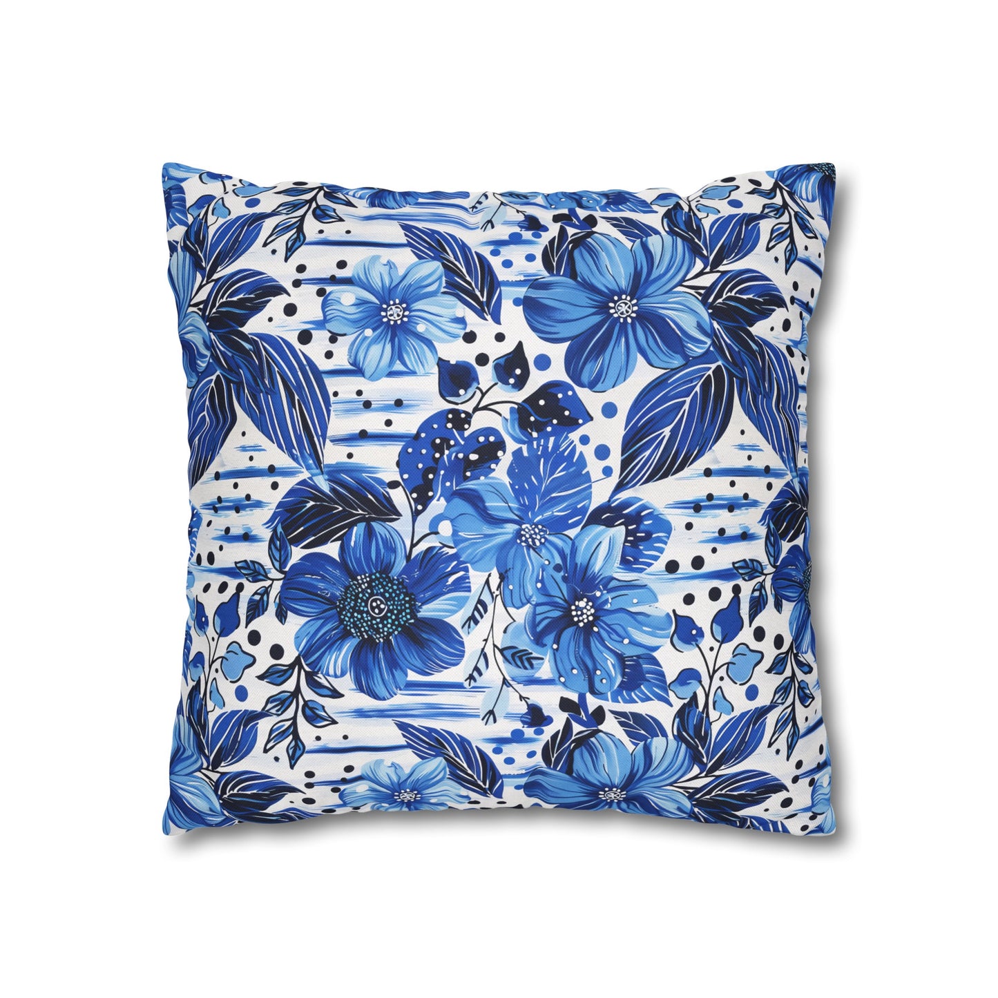 Floral Symphony in Shades of Blue, Harmonized with Abstract Lines Spun Polyester Square Pillowcase 4 Sizes